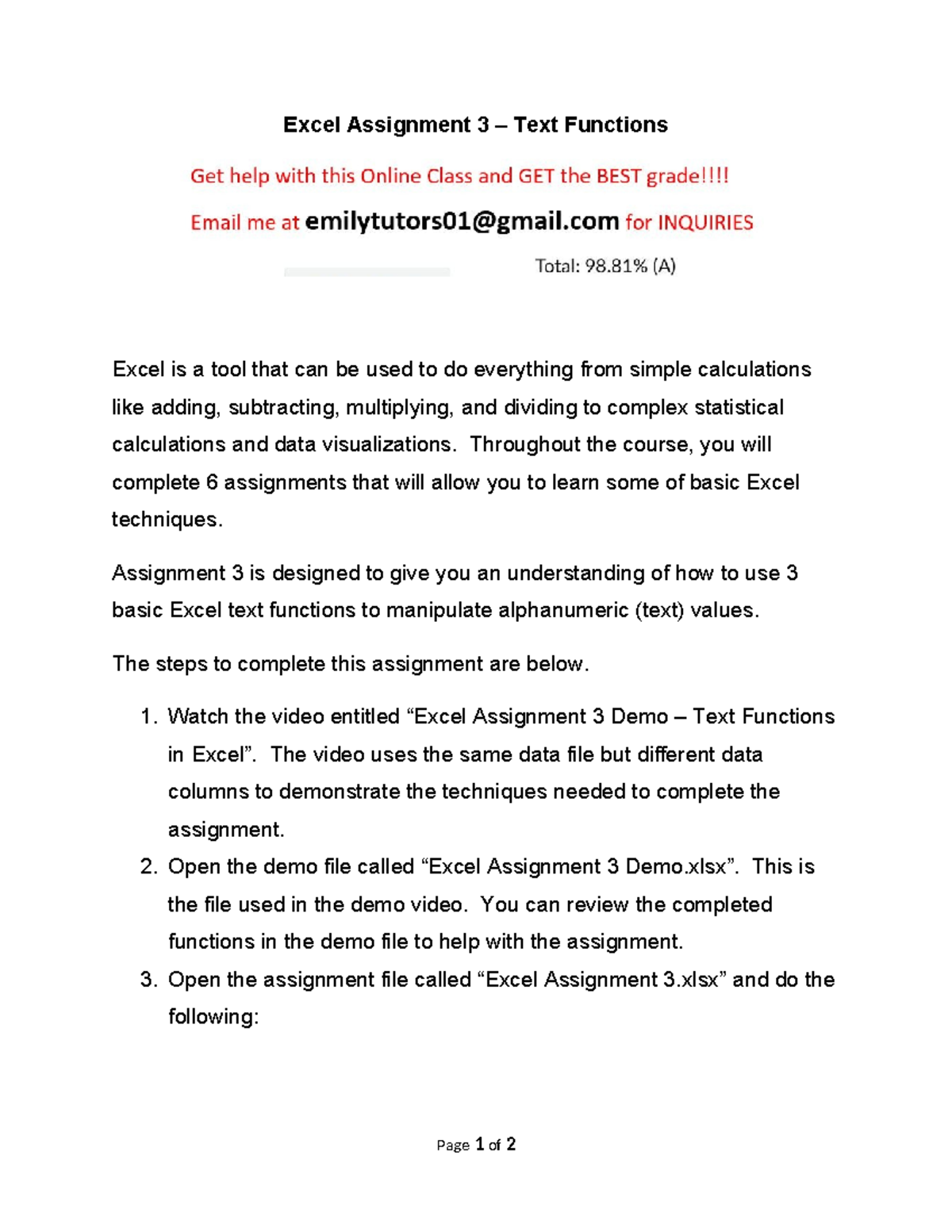 BBA 301 Excel Assignment 3: Text Functions Guide - Studocu