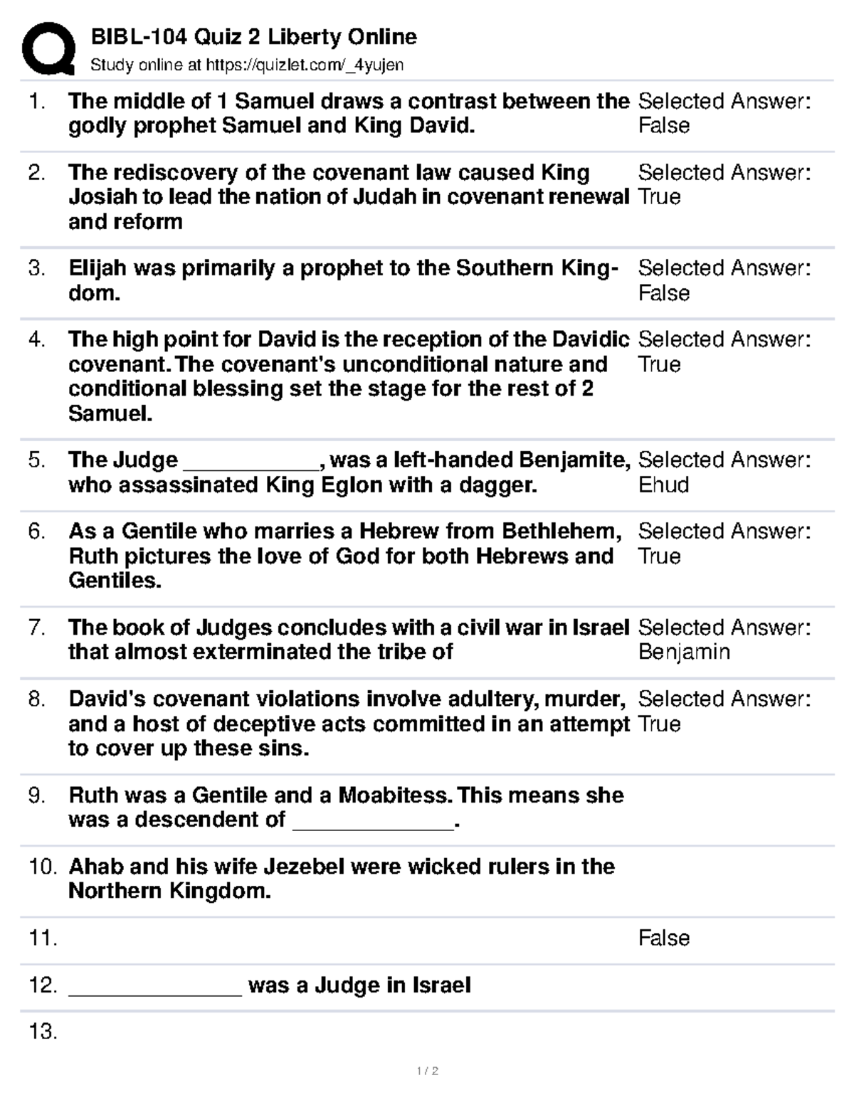 BIBL-104 Quiz 2 Study Guide: Key Concepts and Answers - Studocu