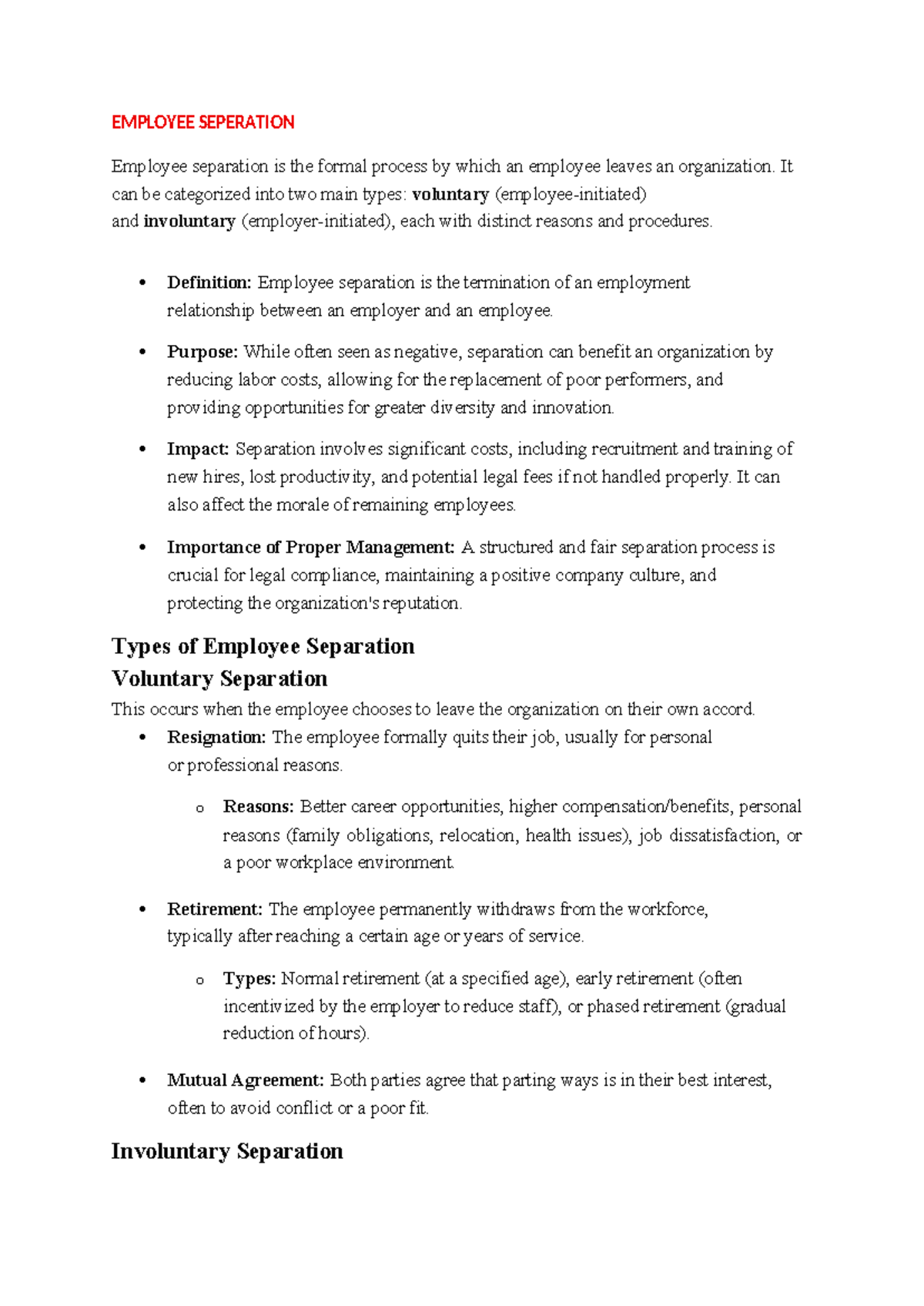 EMPLOYEE SEPARATION PROCESS: TYPES AND MANAGEMENT STRATEGIES - Studocu