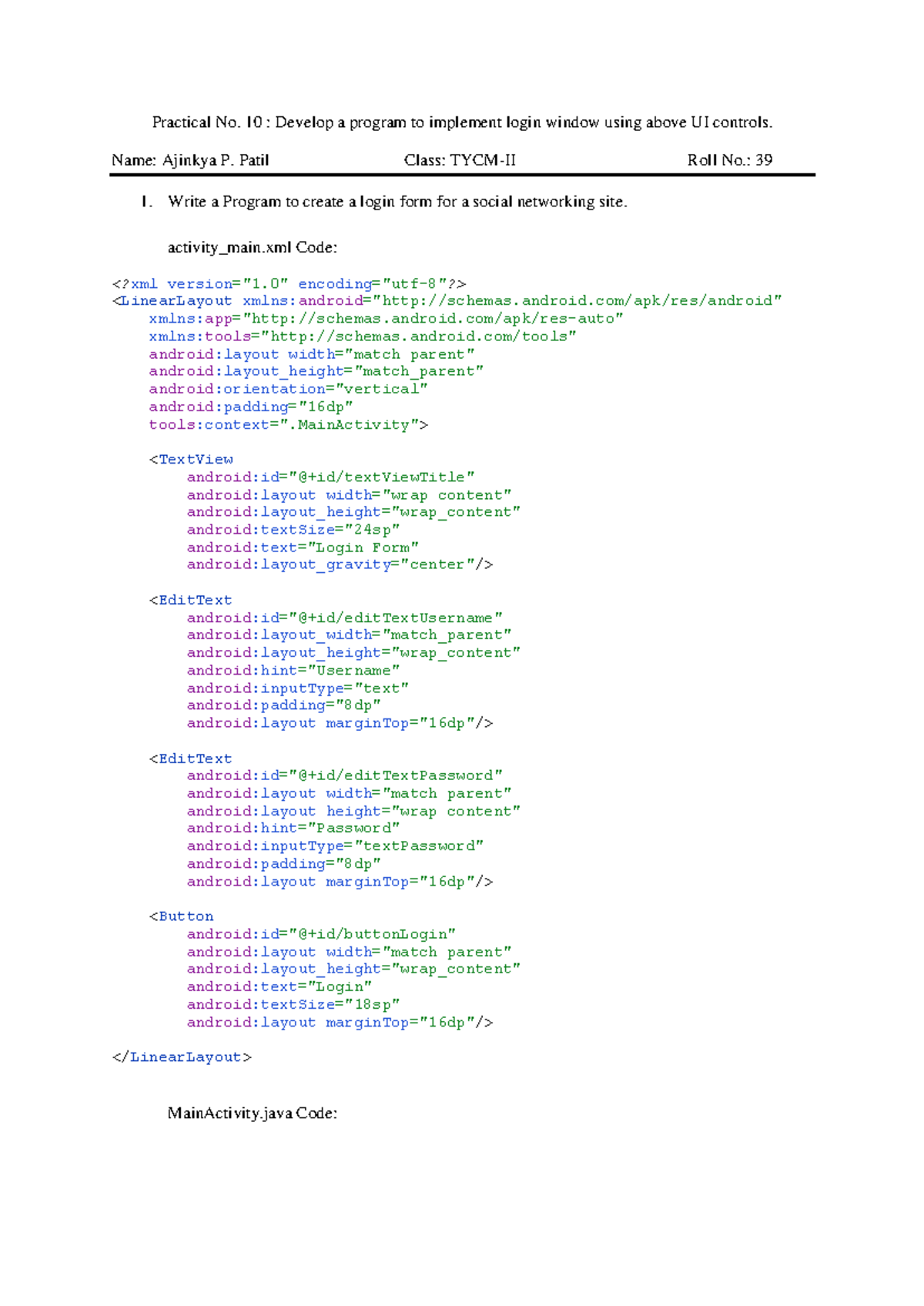 Practical 10: Login Form Implementation for Social Networking App - Studocu