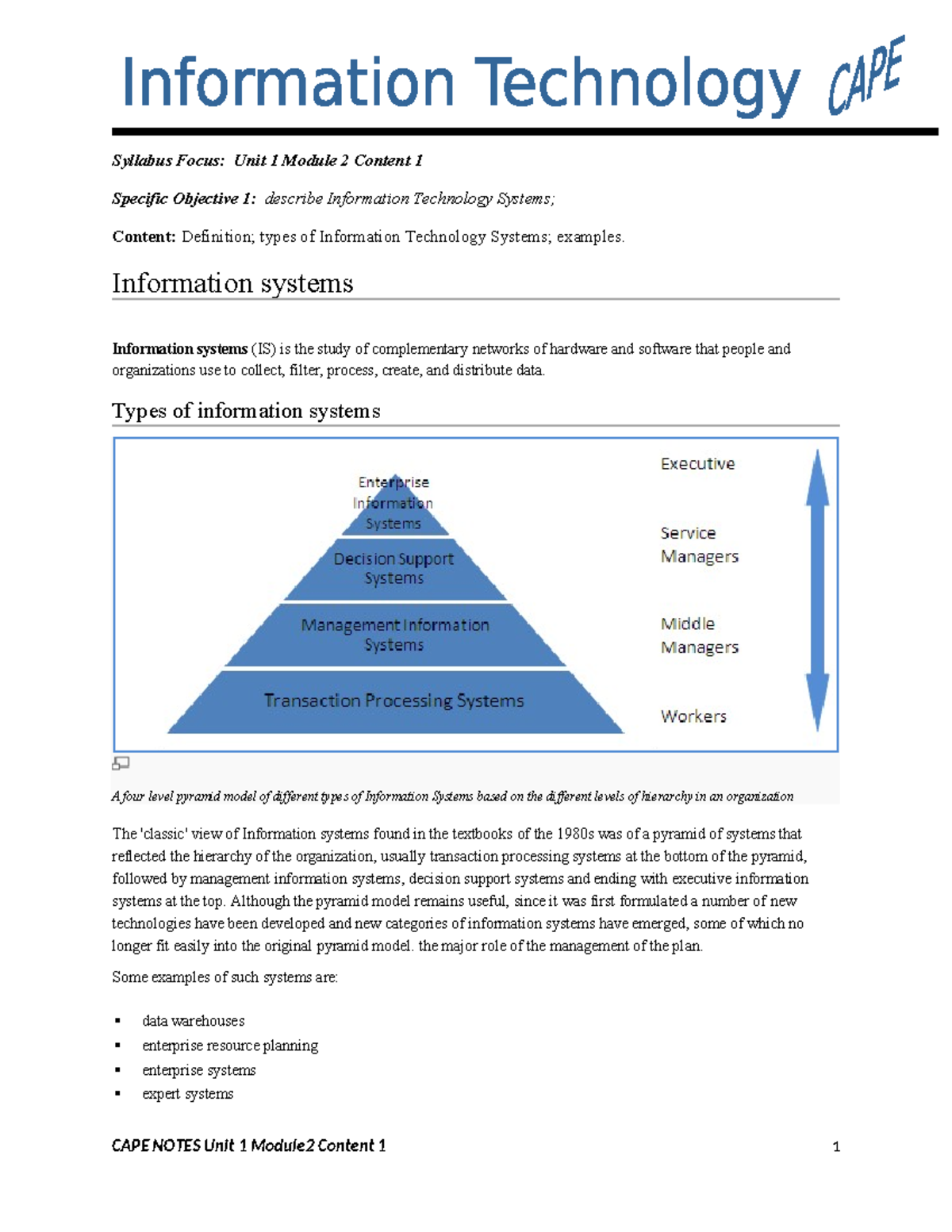 CAPE NOTES: Unit 1 Module 2 - Overview of Information Systems - Studocu