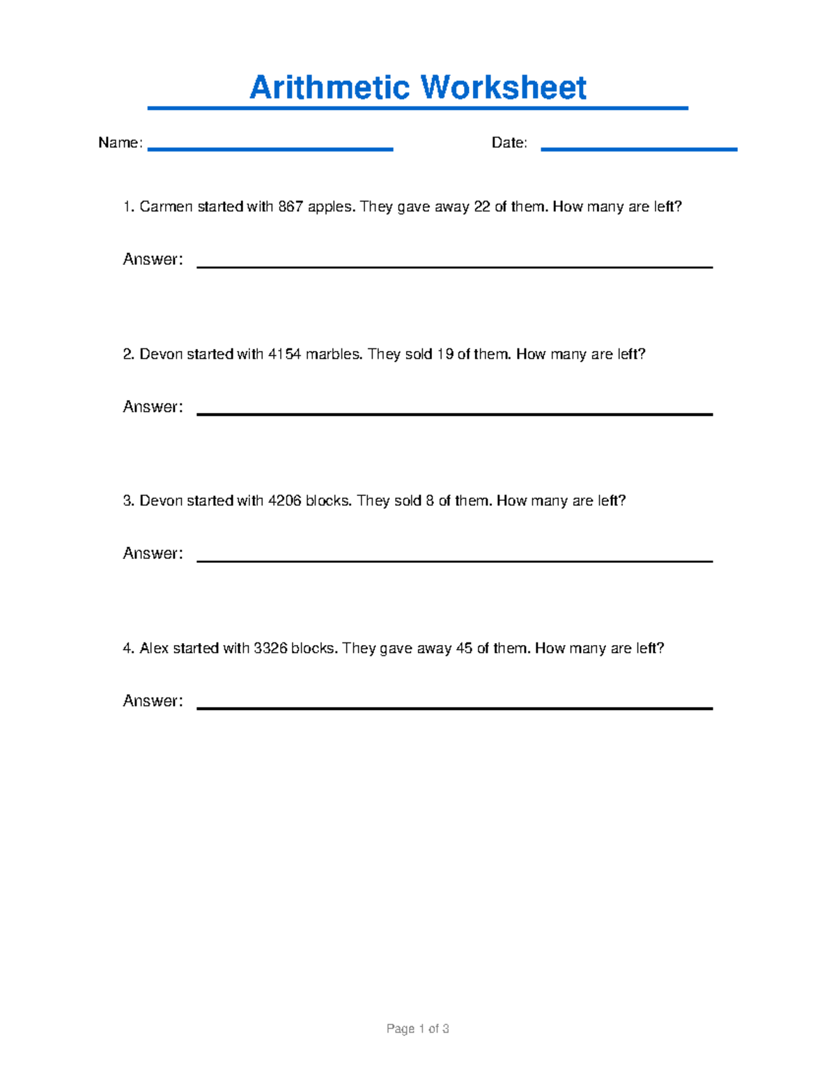 Arithmetic Worksheet 10: Subtraction & Addition Problems - Studocu