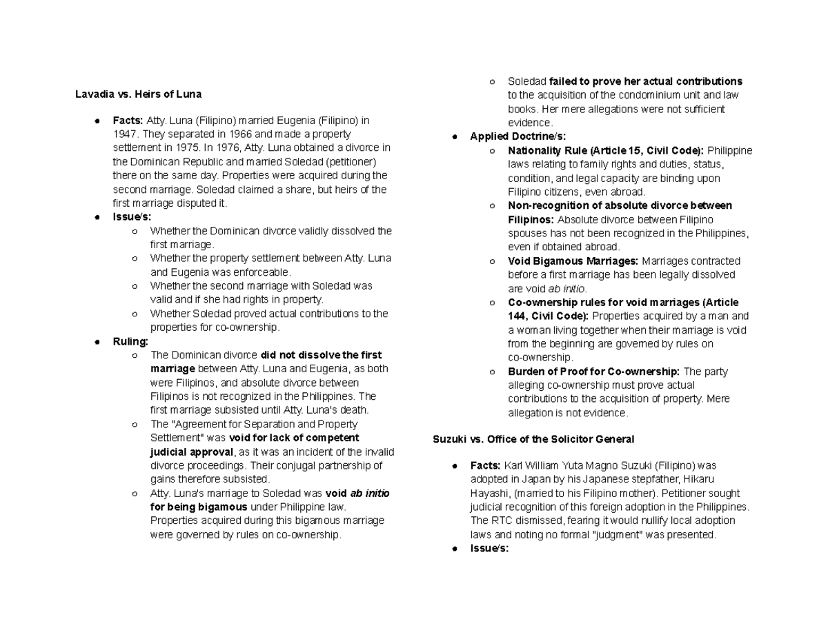 Persons and Family Law Cases: Key Rulings and Principles - Studocu