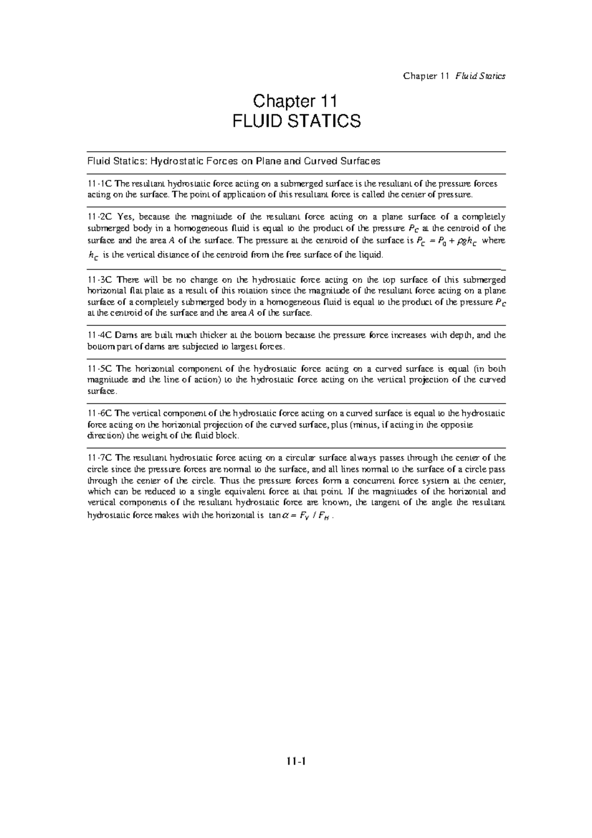 Fluid mechanics sample qs - Chapter 11 FLUID STATICS Fluid Statics ...