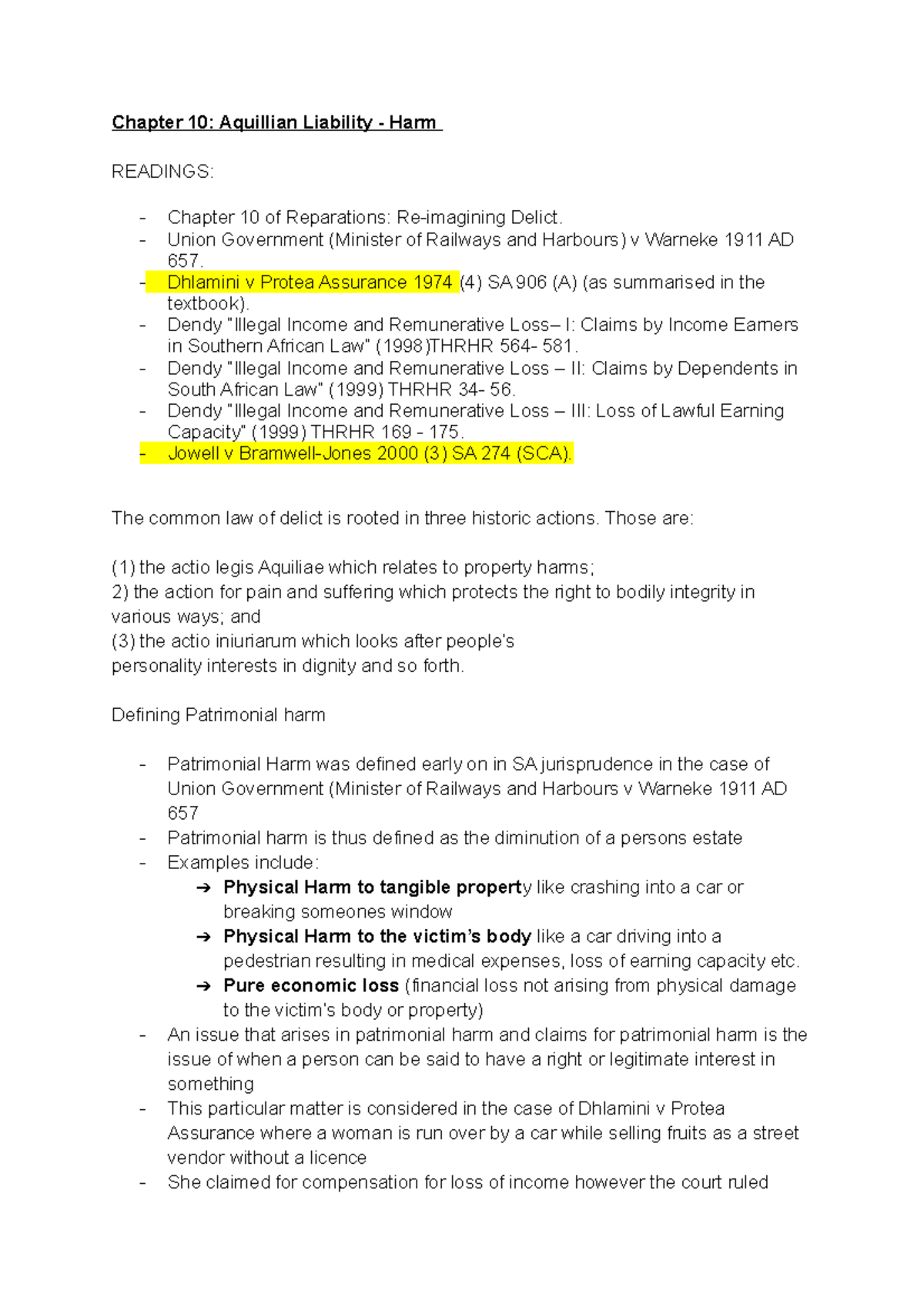 Delict Notes: Chapters 10-12 on Aquilian Liability and Fault Analysis ...