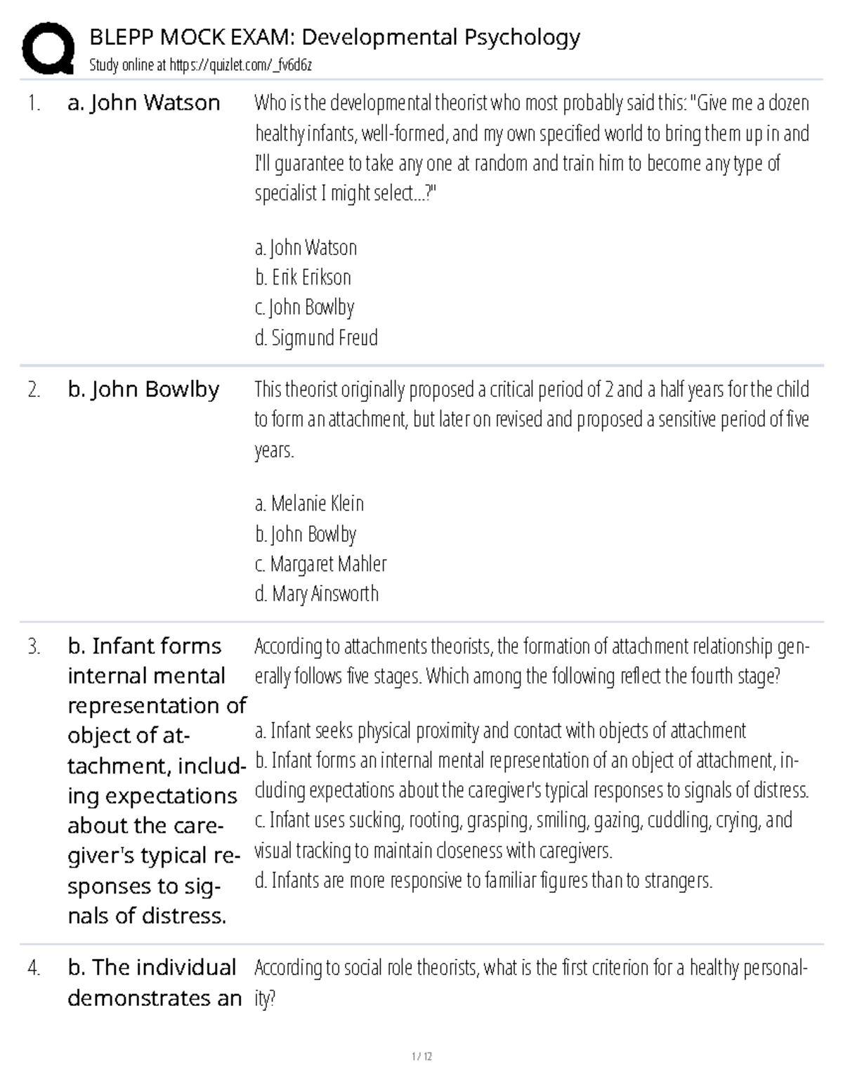 BLEPP MOCK EXAM: Key Concepts in Developmental Psychology - Studocu