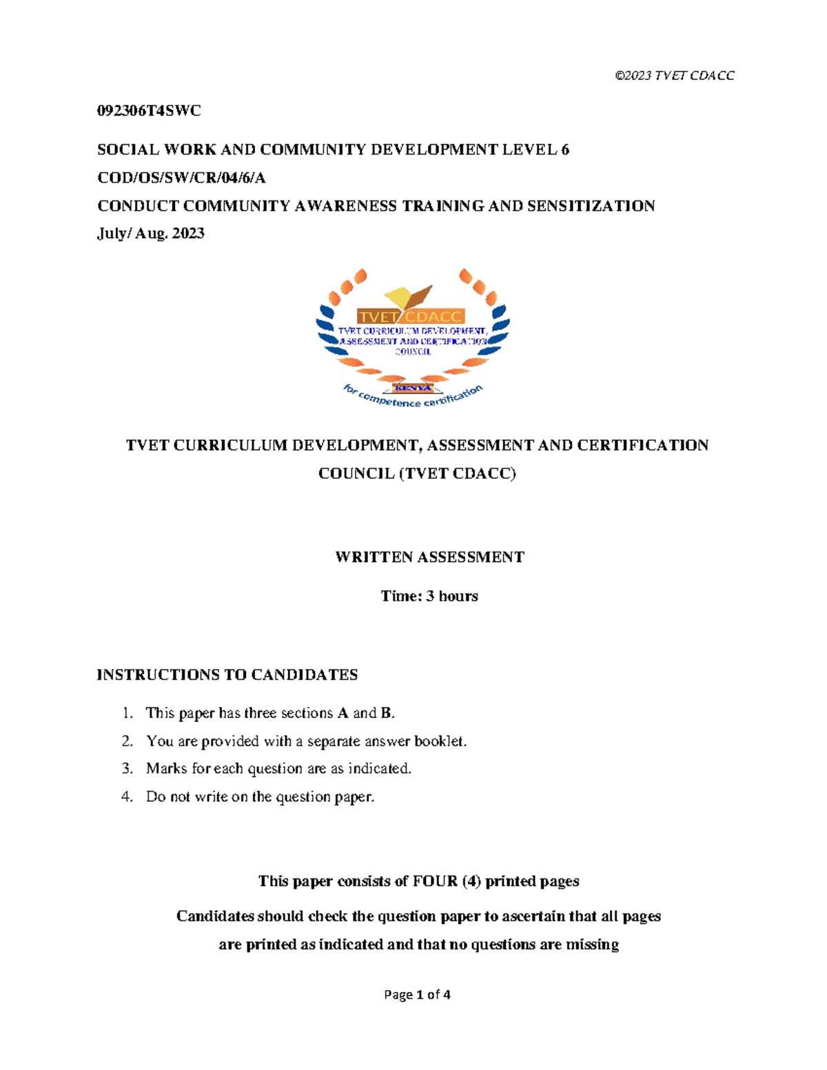 TVET CDACC 092306T4SWC Level 6 Community Awareness Training Guide - Studocu