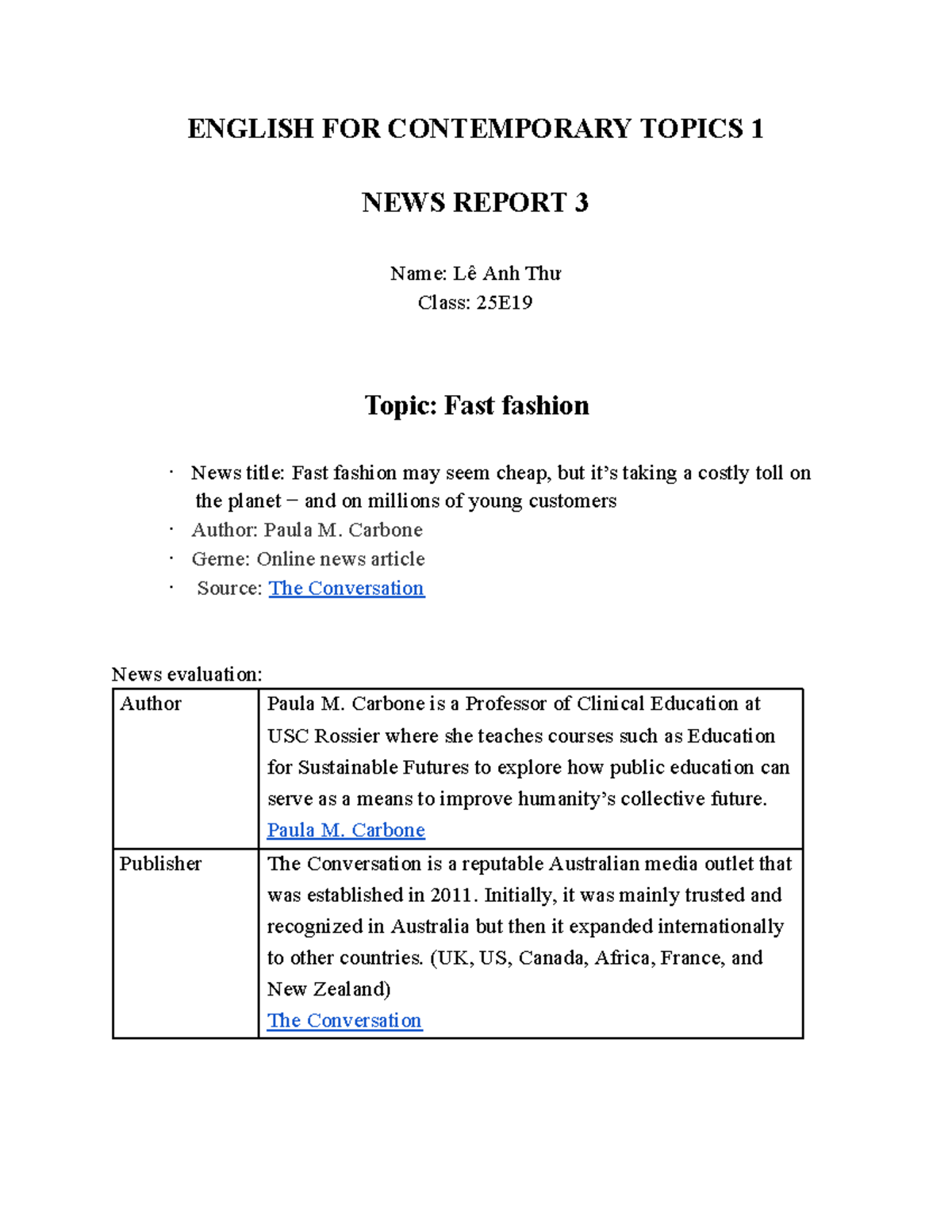 ENGLISH FOR CONTEMPORARY TOPICS 1 NEWS REPORT: The Cost of Fast Fashion ...