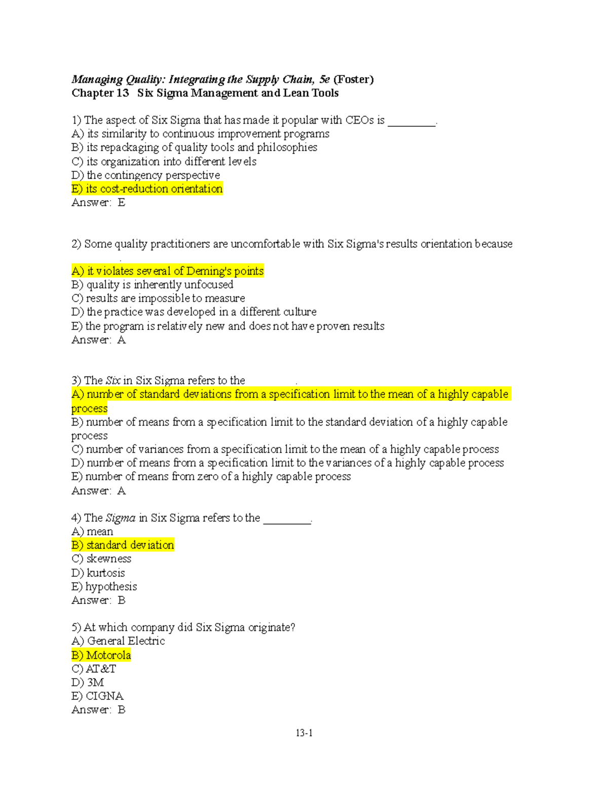 Chapter 13 Six Sigma Management: Quiz Questions & Answers - Studocu
