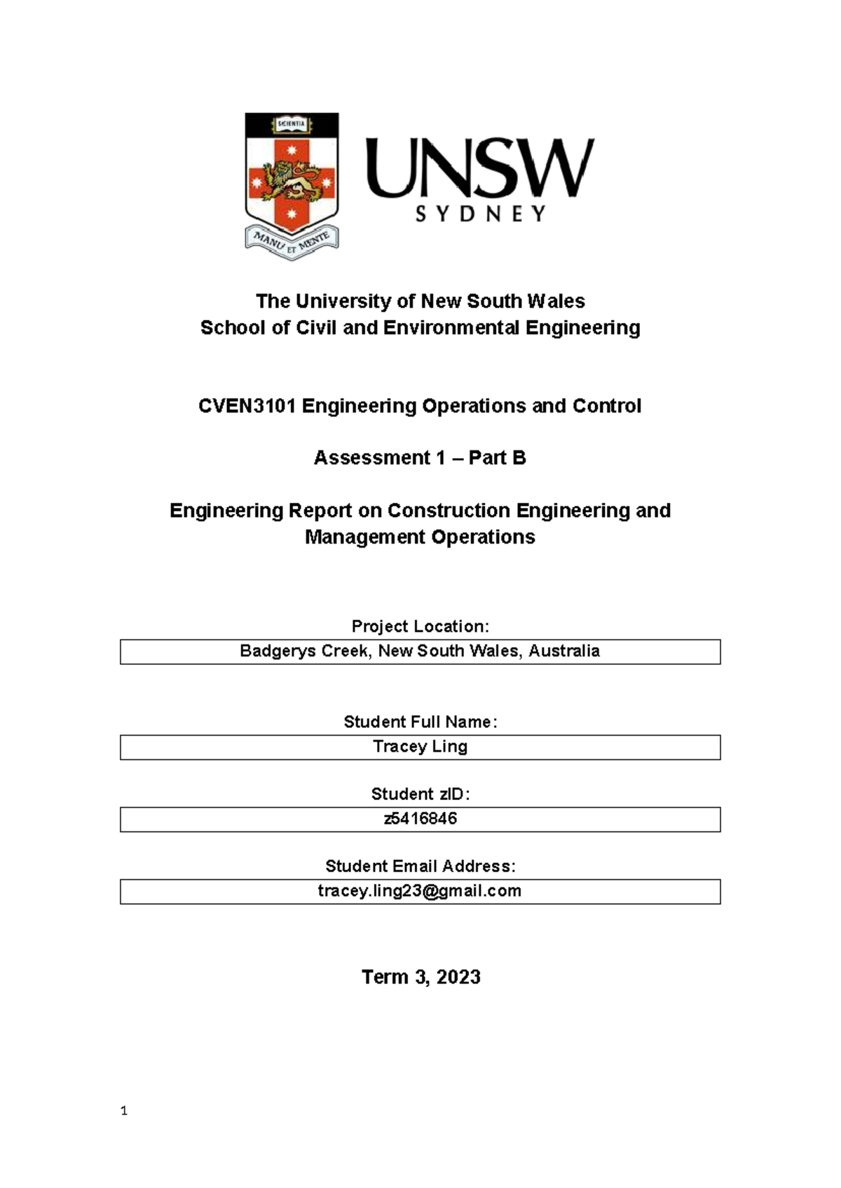 CVEN3101 Engineering Operations & Control: WSA Construction Report ...