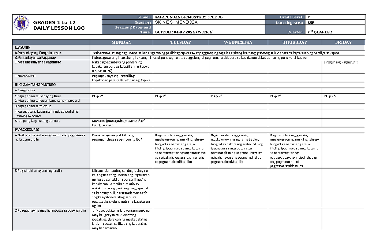 DLL ESP 5 Q2 W6 - DLL - GRADES 1 to 12 DAILY LESSON LOG School ...