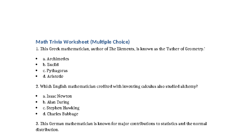 Math Trivia Worksheet (Multiple Choice) - Review Notes - Studocu
