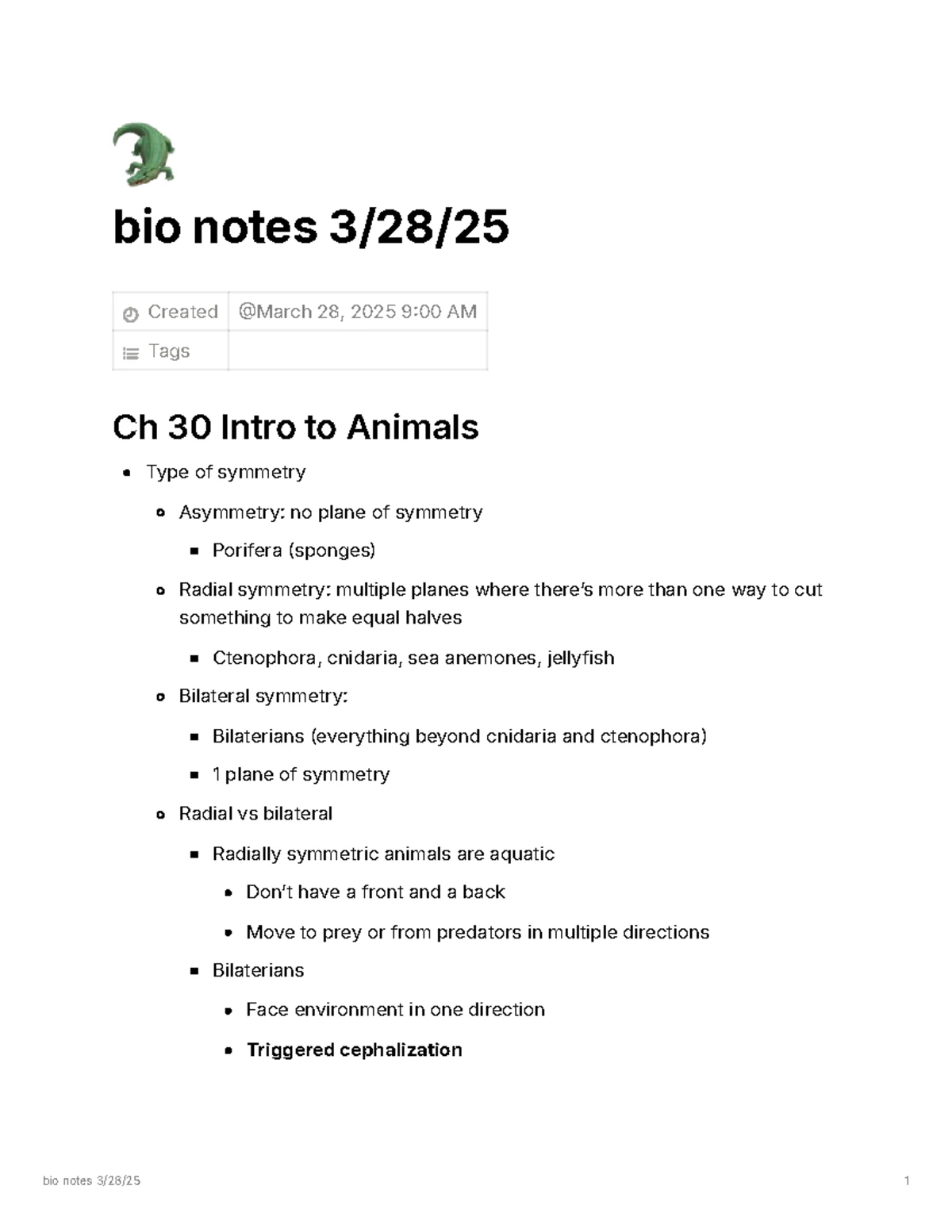 Biology Notes: Chapter 30 - Introduction to Animals (3/26/25) - 🐊 bio ...