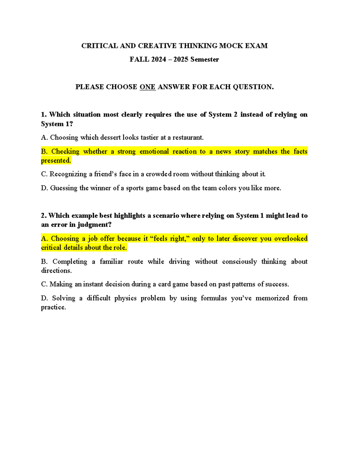 CRITICAL AND CREATIVE THINKING MOCK EXAM ANSWERS FALL 2024-2025 - Studocu