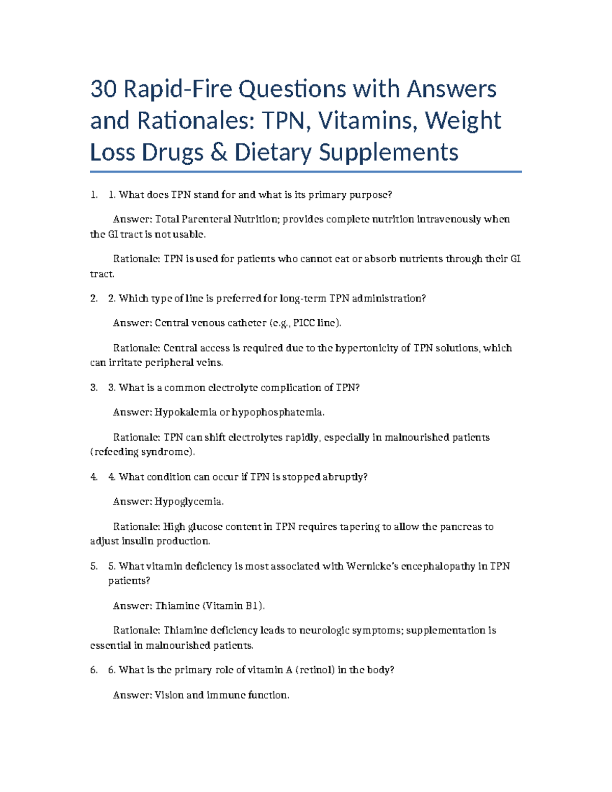 NUR 315 Final Exam QA: TPN, Vitamins, and Dietary Supplements - Studocu