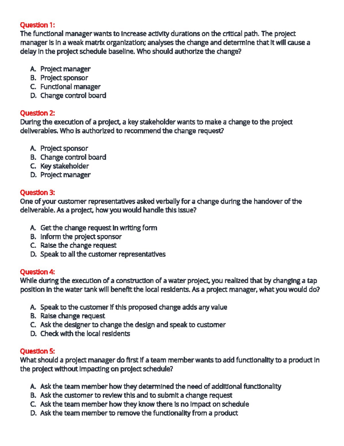 Change Control Scenarios - Quiz Questions for PM course (PM 101) - Studocu