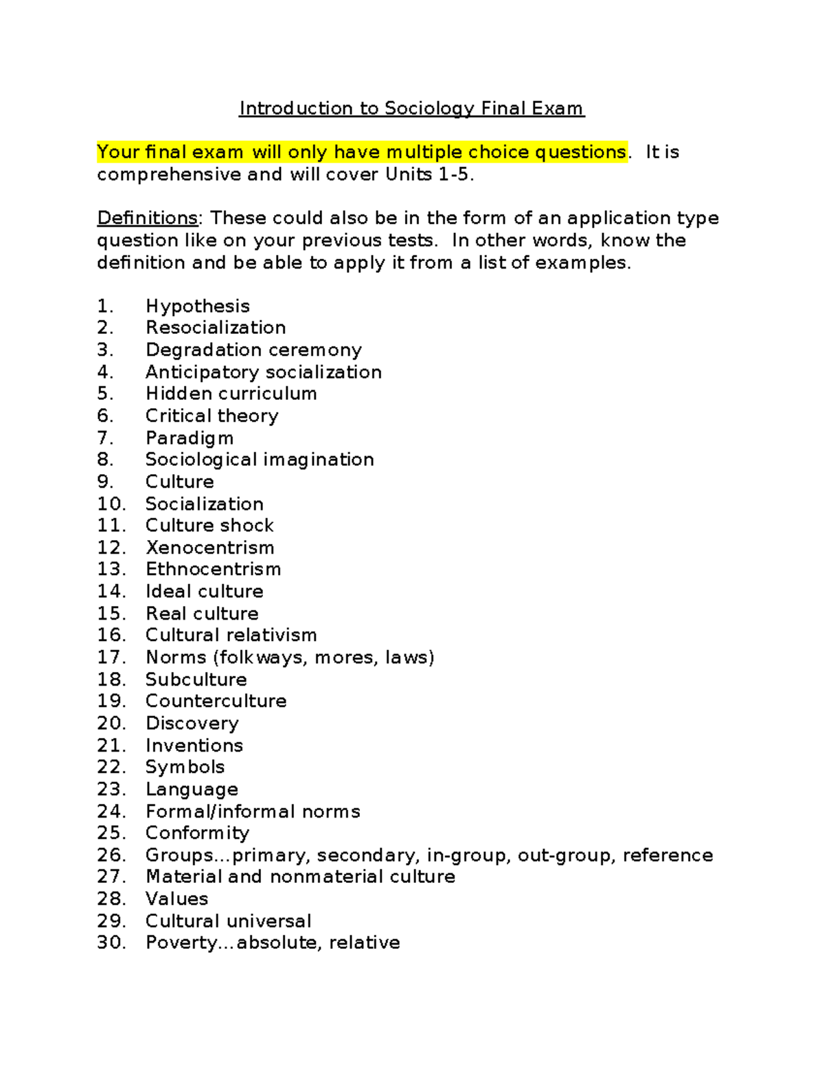 Introduction to Sociology SOC101 Final Exam Questions & Key Concepts ...