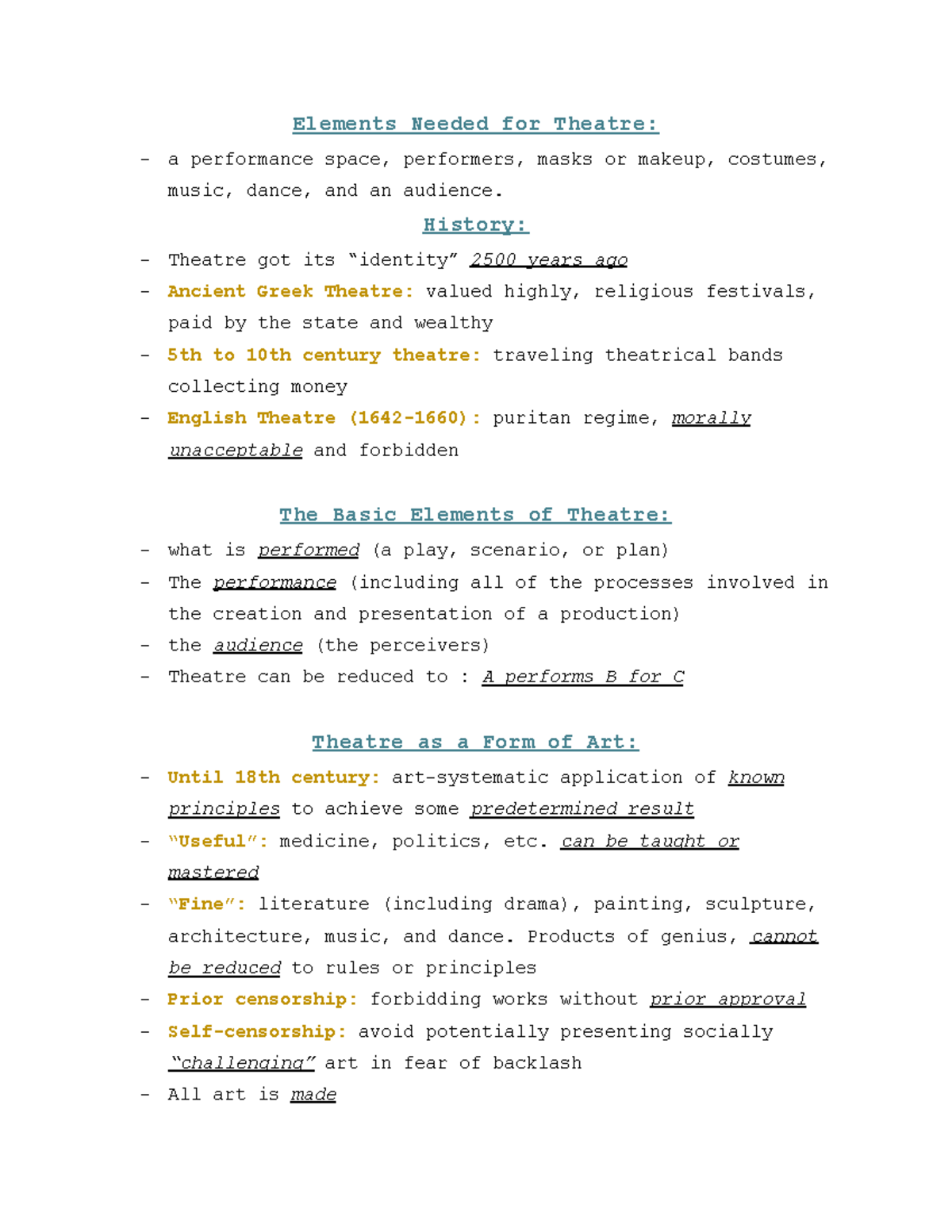 Chapter 1: Understanding the Nature of Theatre Elements and Art - Studocu