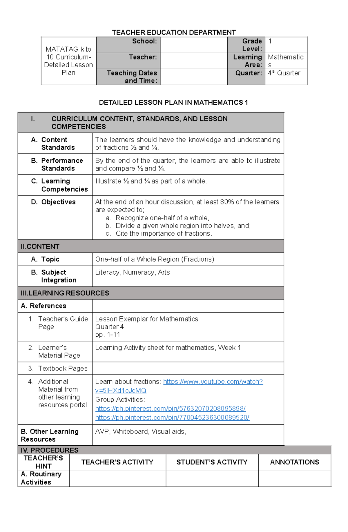Detailed Lesson Plan in Mathematics (Grade 1) - Quarter 4 - Studocu