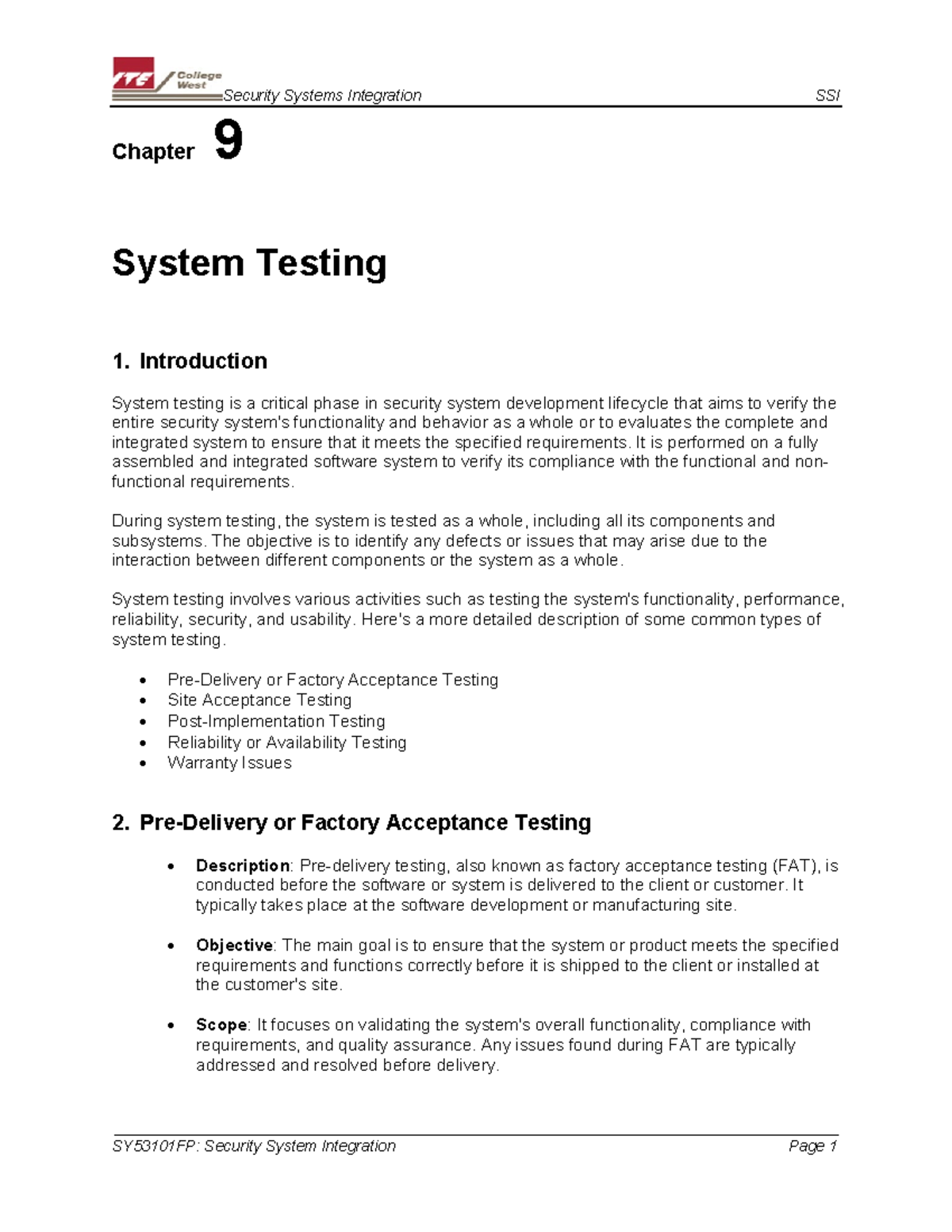 System Testing Overview for Security Systems Integration (SY53101FP ...