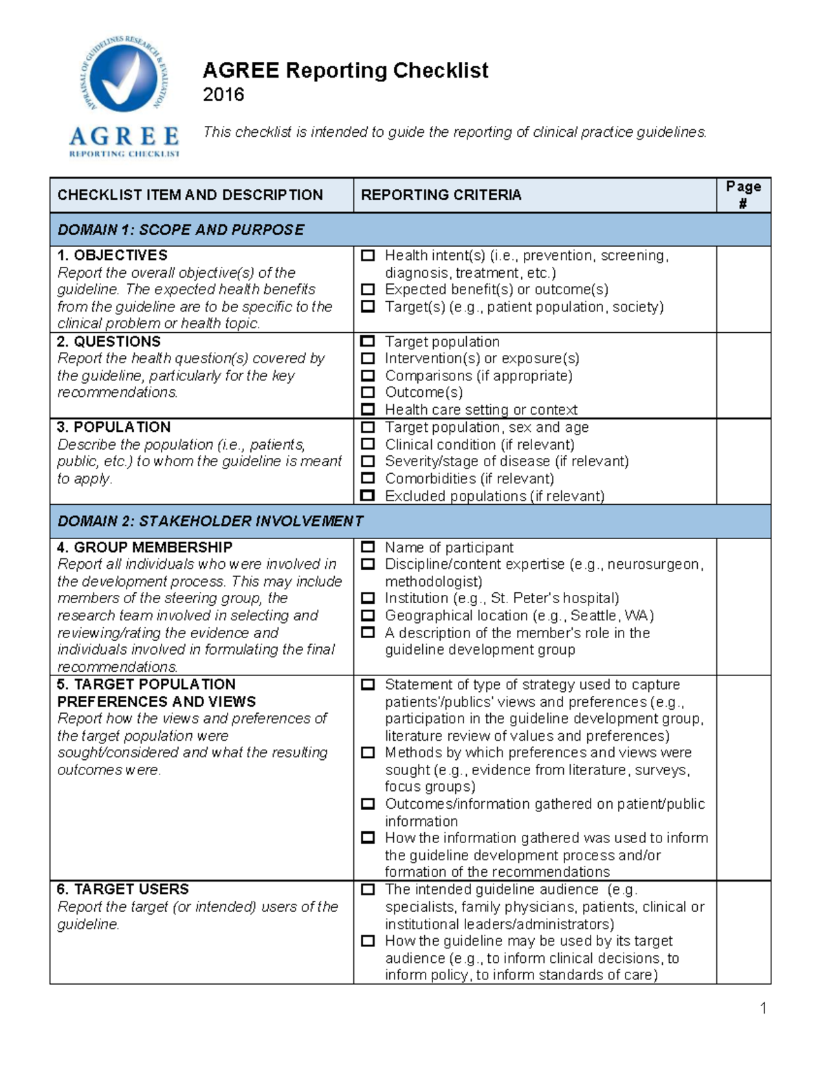AGREE Reporting Checklist 2016: Guidelines for Clinical Practice - Studocu