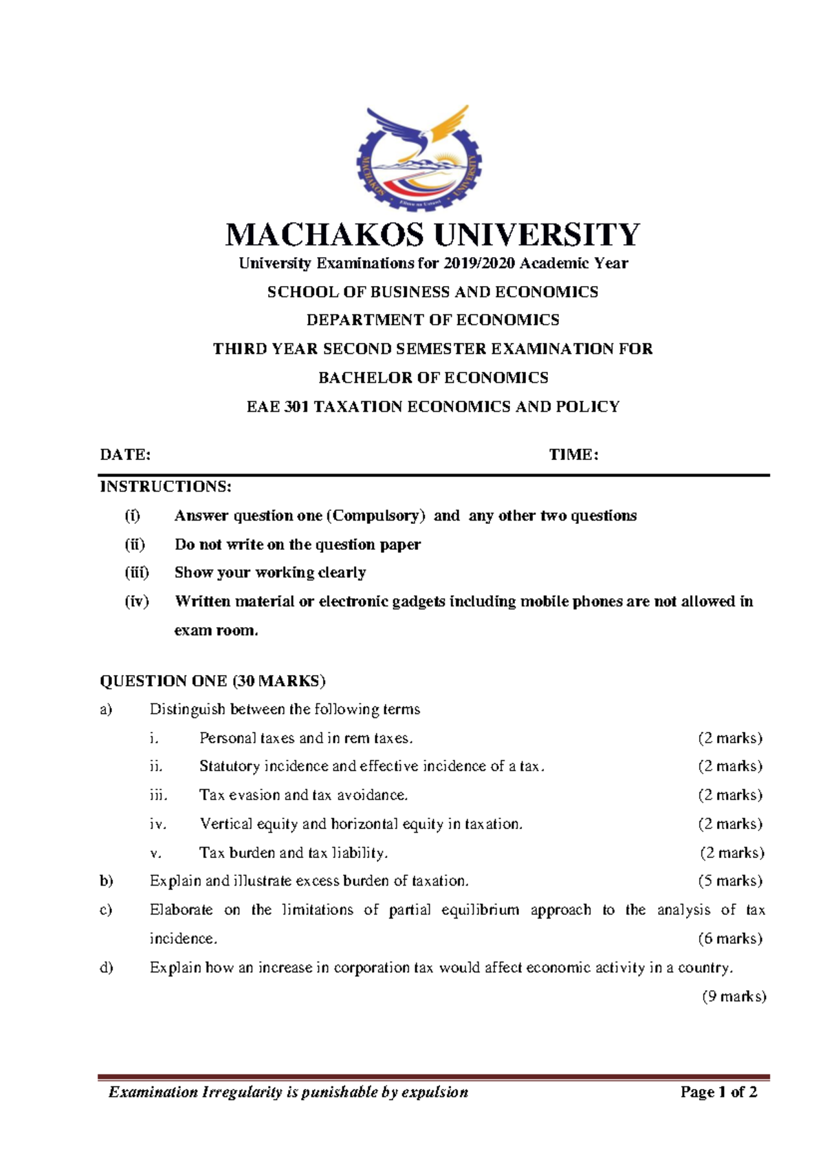 EAE 301 Final Exam - Taxation Economics & Policy Insights - Studocu