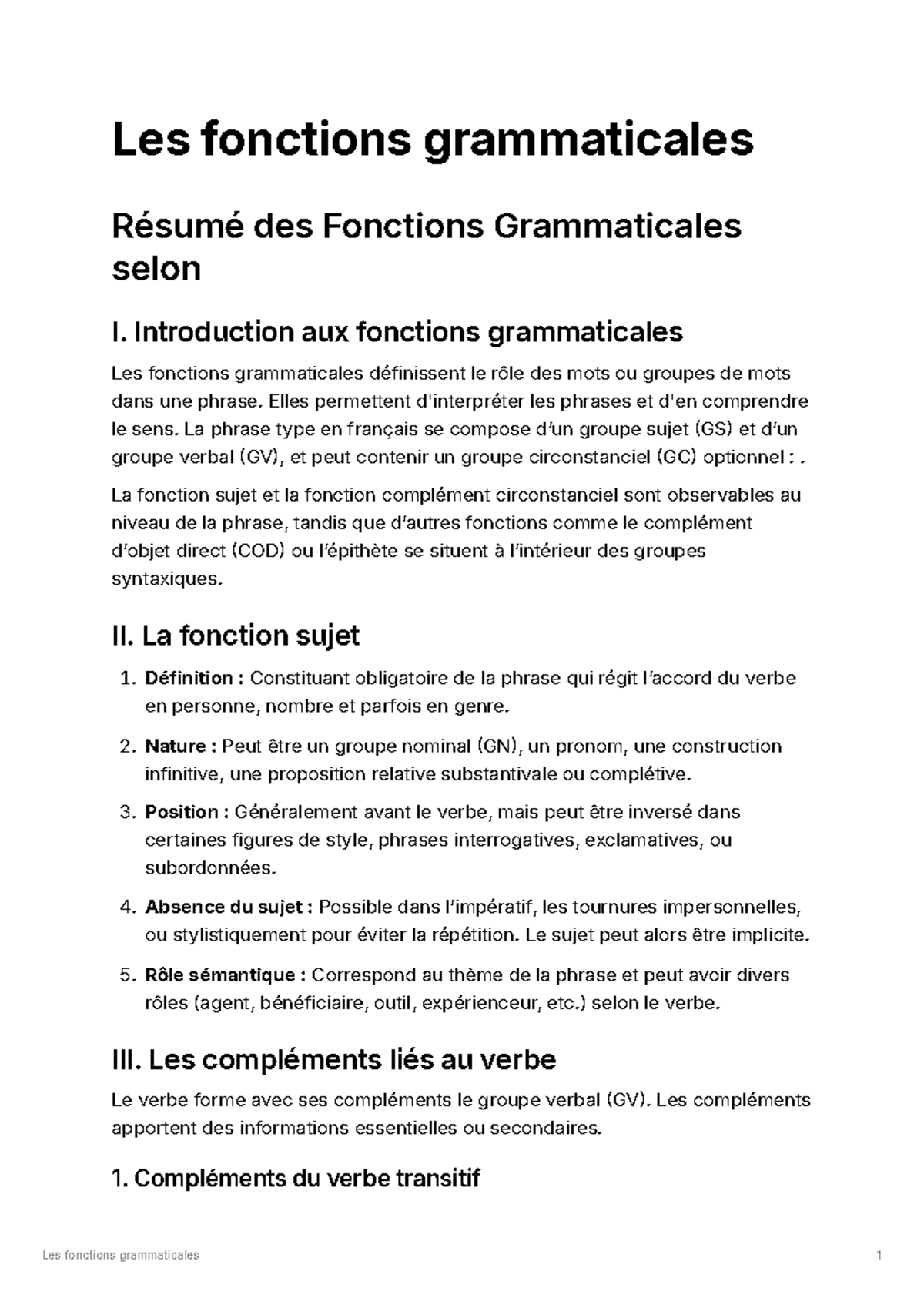 Fonctions Grammaticales : Résumé et Analyse des Rôles Syntaxiques - Studocu