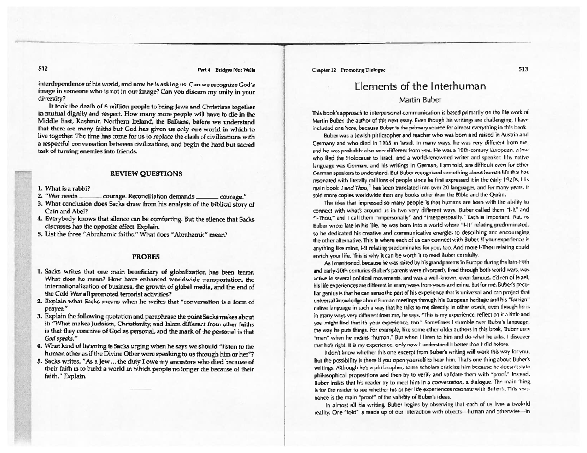 03-Buber - Chapter 12: Promoting Dialogue in Interhuman Relations - Studocu