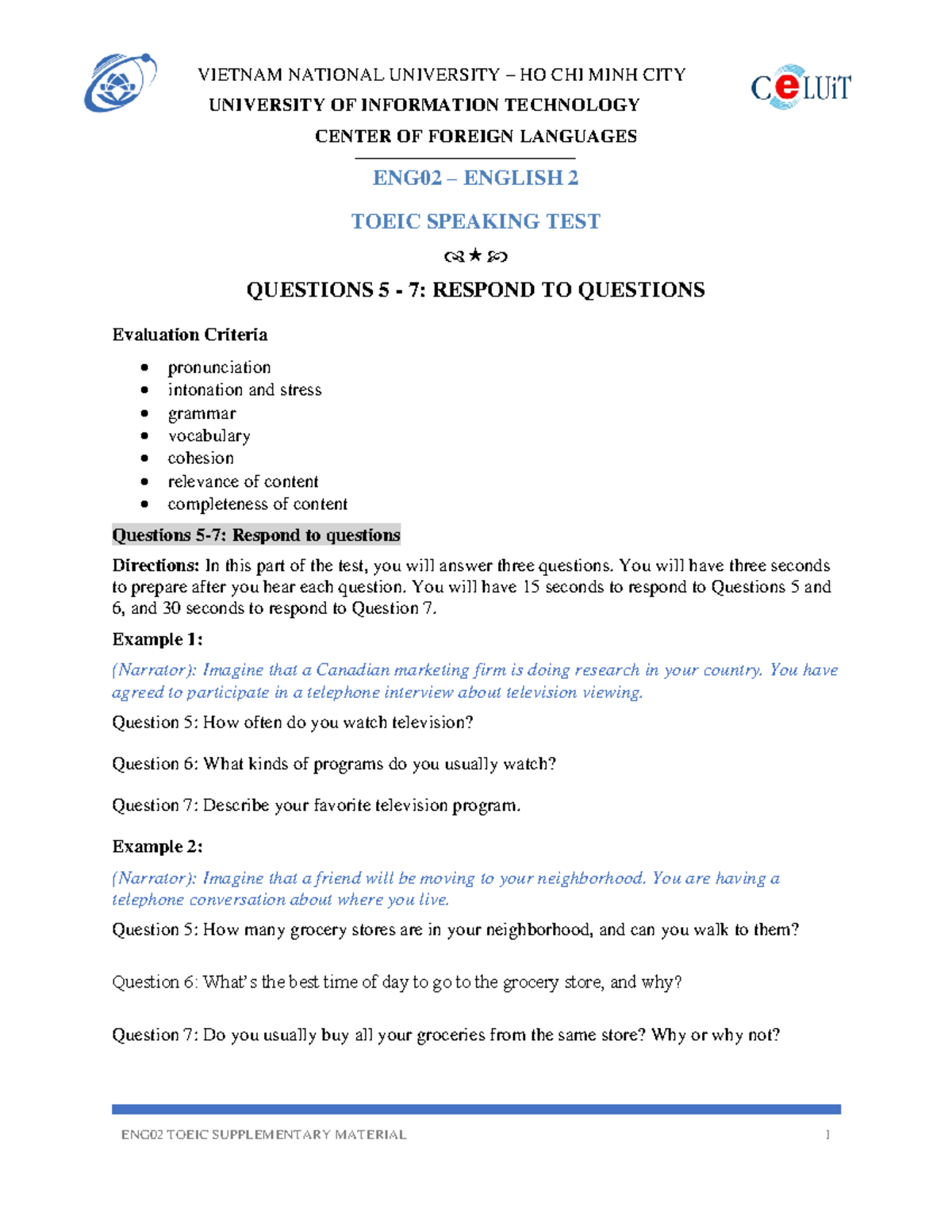 ENG02 TOEIC Speaking Test Questions & Supplementary Material - Studocu