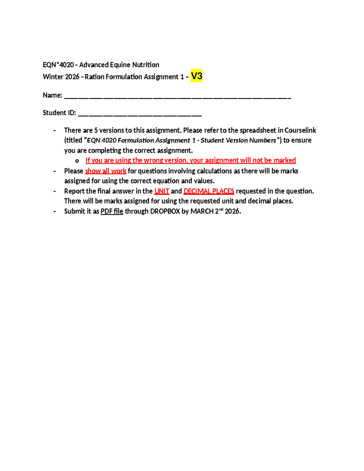 Advanced Equine Nutrition 4020: Ration Formulation Assignment 1 V3 ...