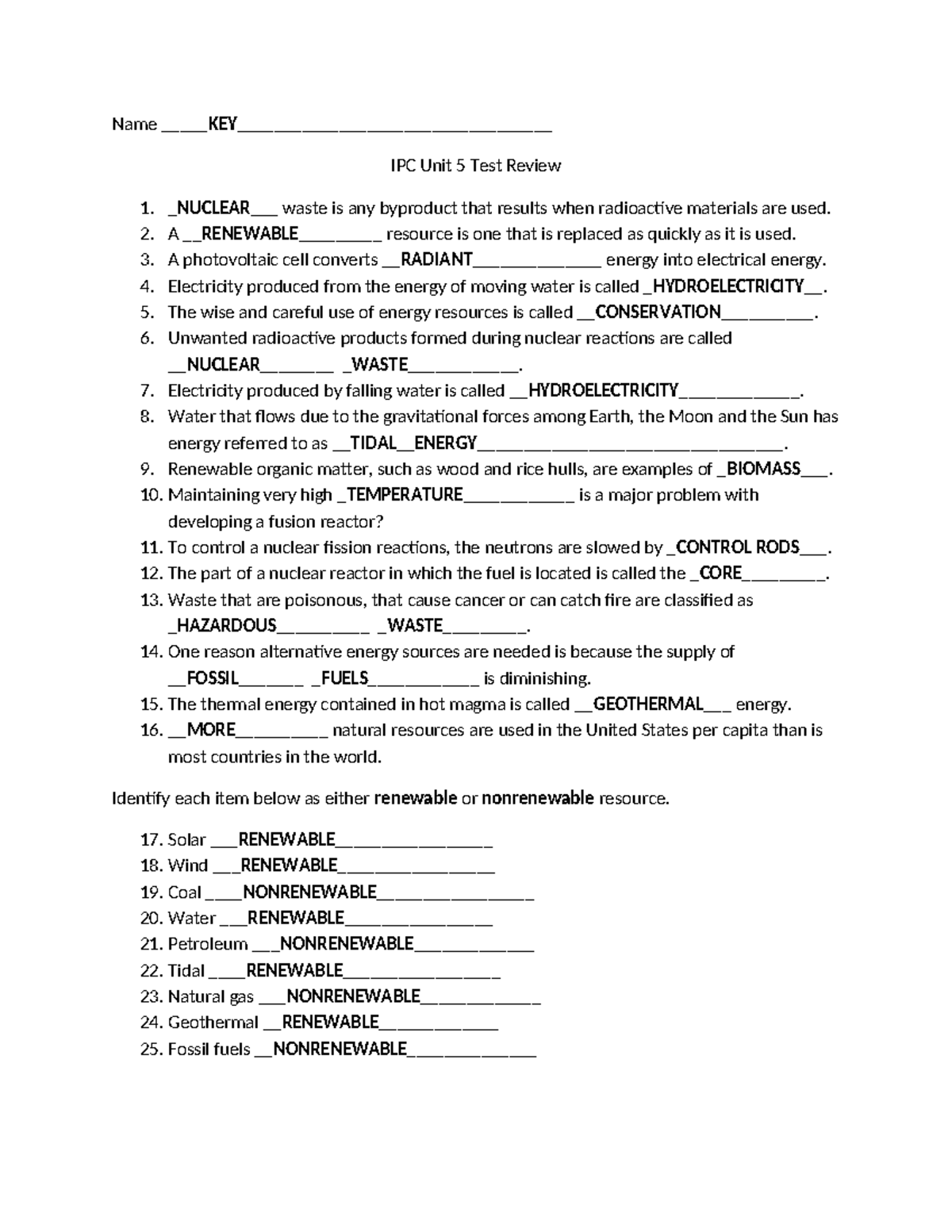 Unit 5 Test Review with Answers - Name KEY ...