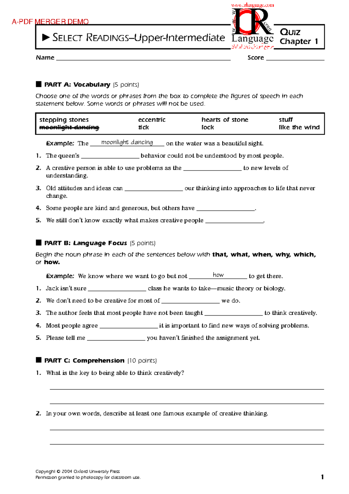 Select Readings Upper Int Answers - PART A: Vocabulary (5 points ...