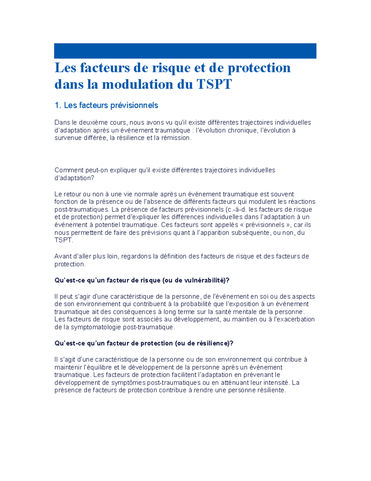 Les facteurs de risque et de protection dans la modulation du TSPT ...