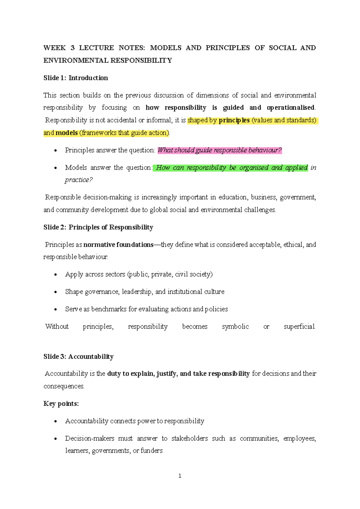 HLOE031 Week 3 Lecture Notes: Social & Environmental Responsibility ...