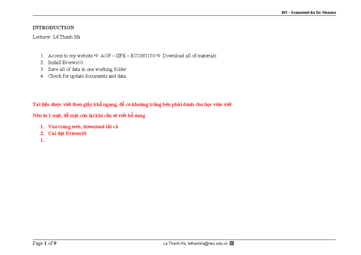 ECON1150 BFI Econometrics for Finance Lecture 01 Notes - Studocu