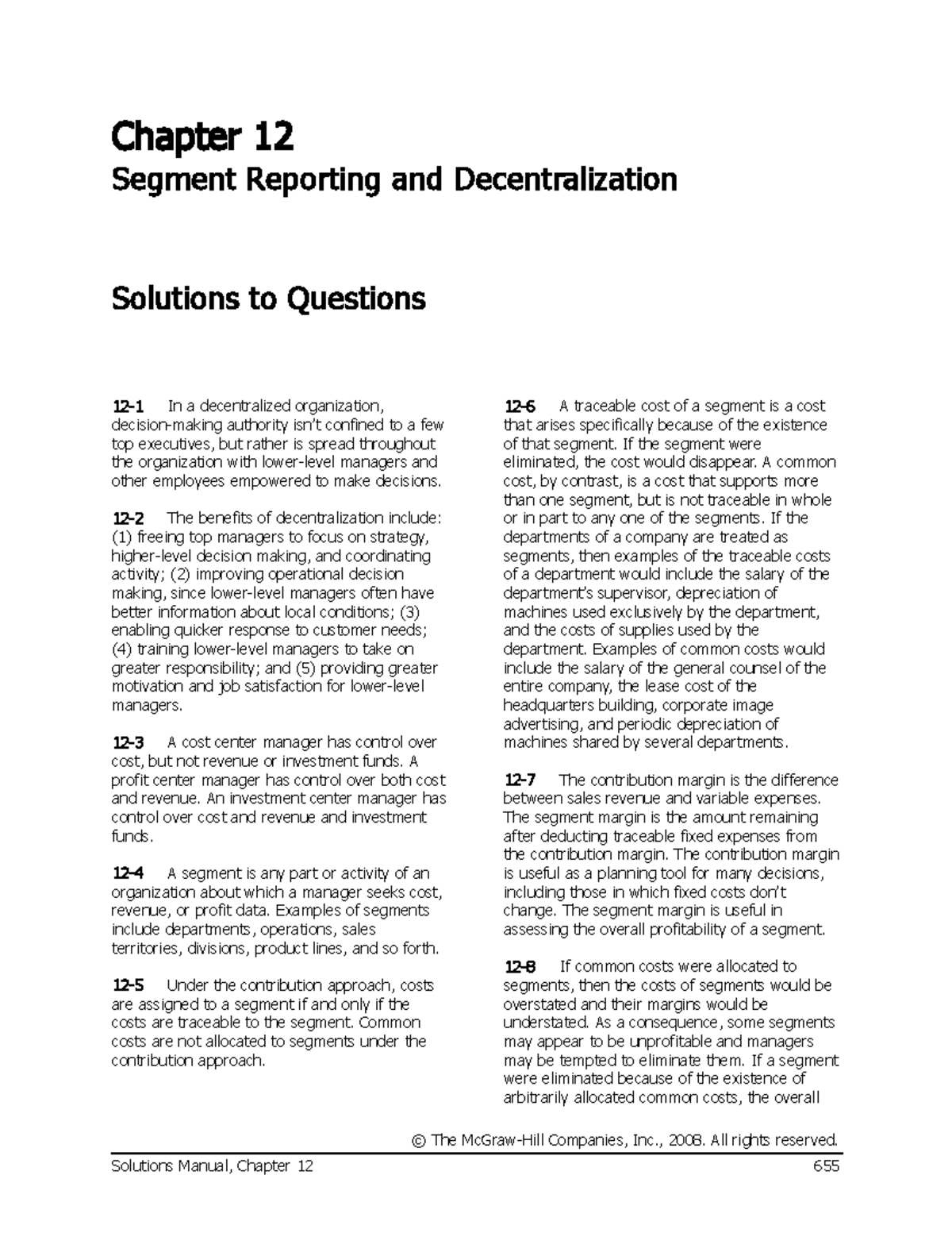 Fasitch 12 - asasas - Chapter 12 Segment Reporting and Decentralization ...