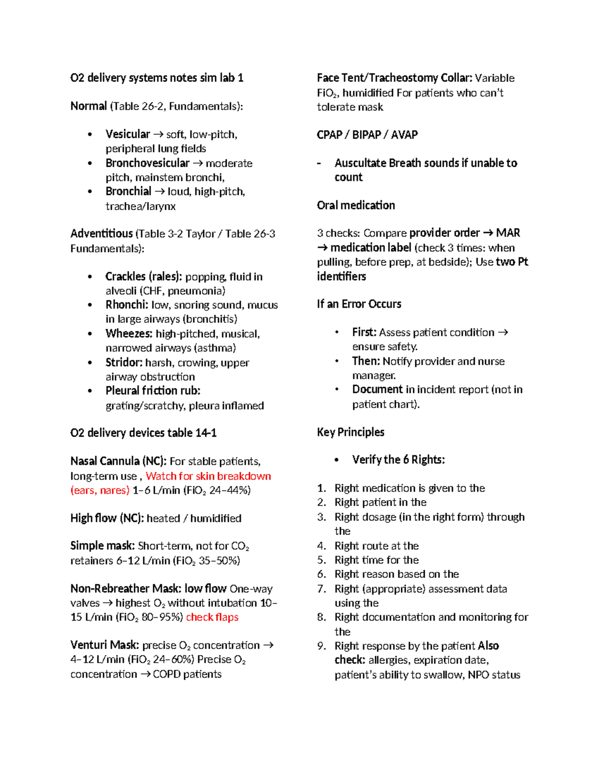 O2 Delivery Systems & Medication Administration Notes (210 Sim Lab ...
