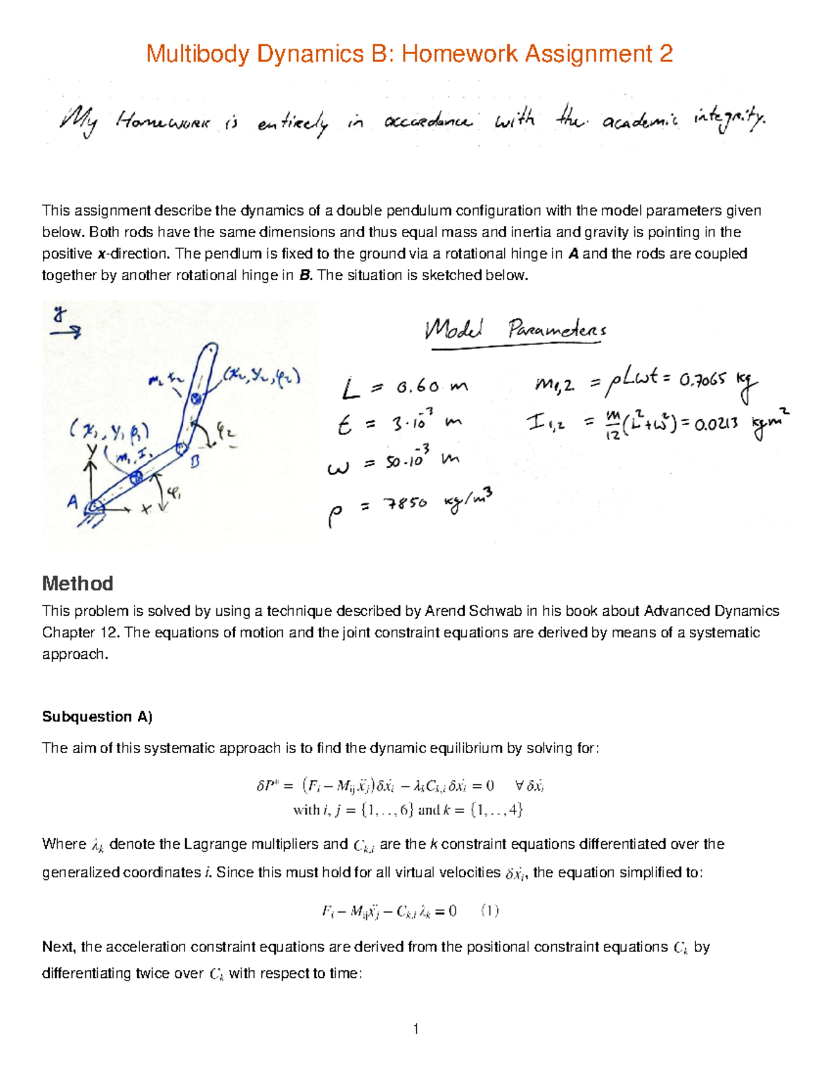 HW02 - Advanced Dynamics Homework Assignment 2: Double Pendulum ...