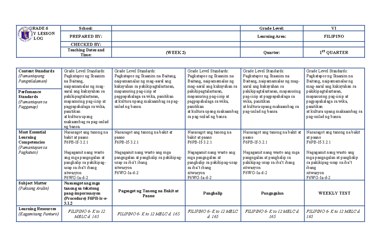 Q1 DLL WEEK 2 - Filipino 6 Daily Lesson Log for Grade VI - Studocu