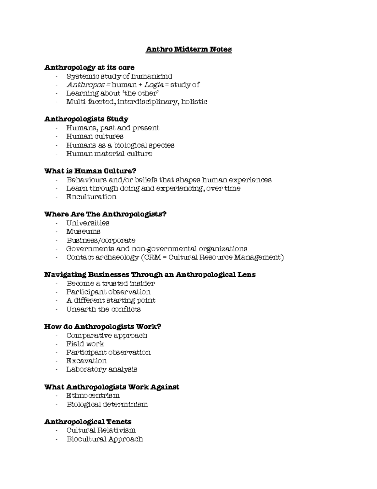 Anthrop 1AA3 - Comprehensive Midterm Study Notes on Human Evolution ...