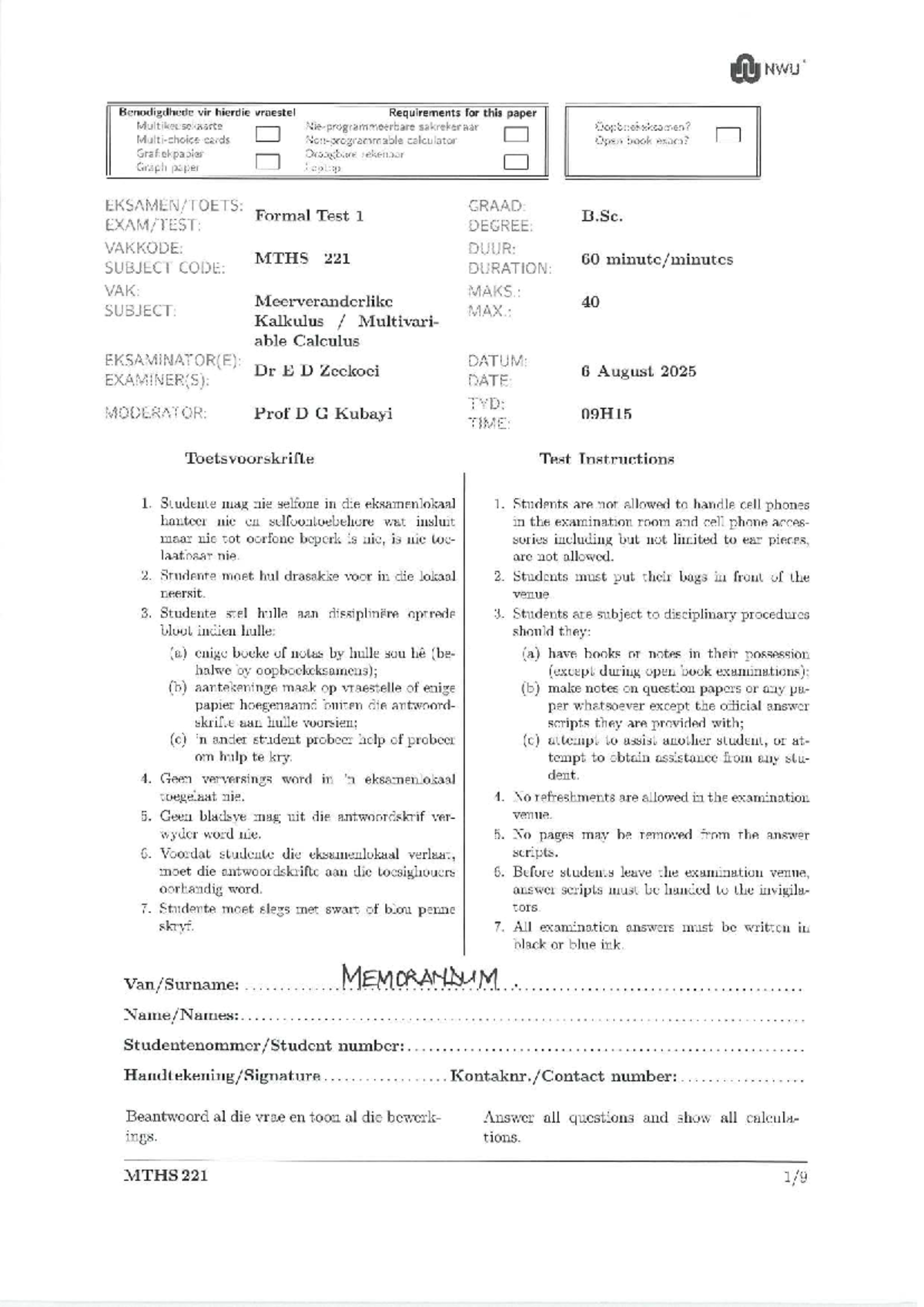 MTHS 221 Formal Test 1 2025 Memorandum - Studocu