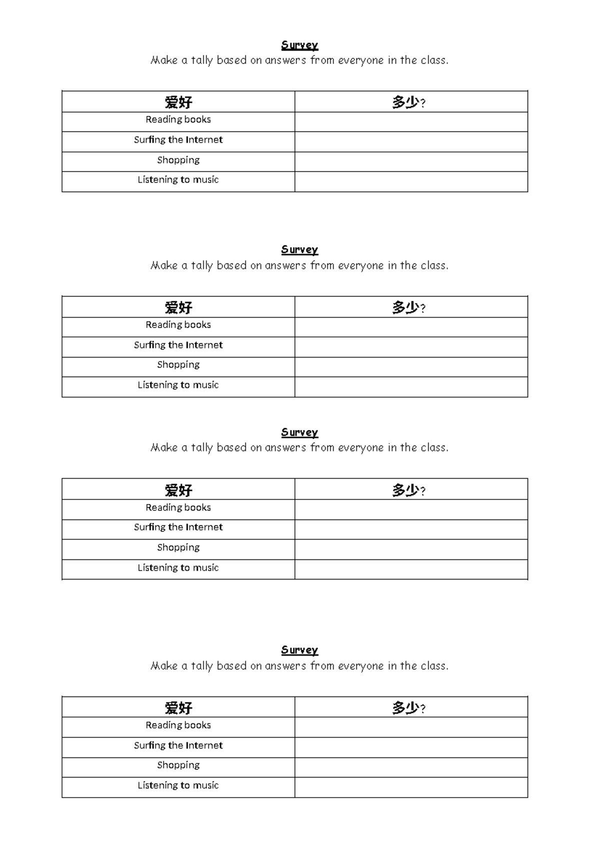 Hobbies survey (MS WORD) - Survey Make a tally based on answers from ...
