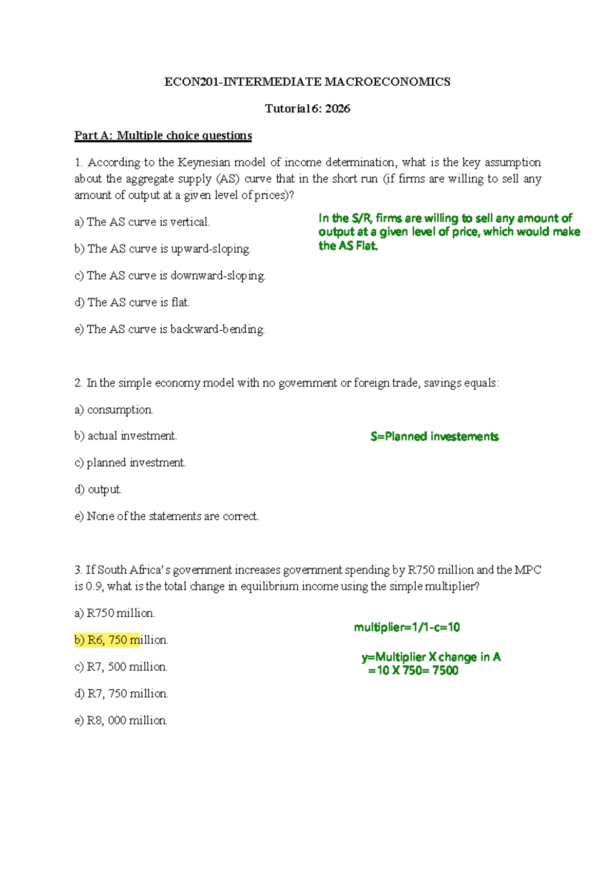 ECON201 Tutorial 6: Key Concepts & MCQs on Macroeconomics - Studocu