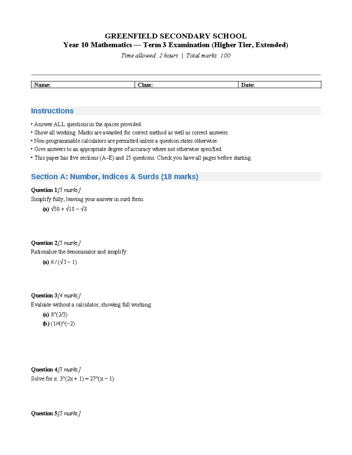 Year 10 Mathematics Term 3 Exam (Higher Tier, Extended) - Studocu