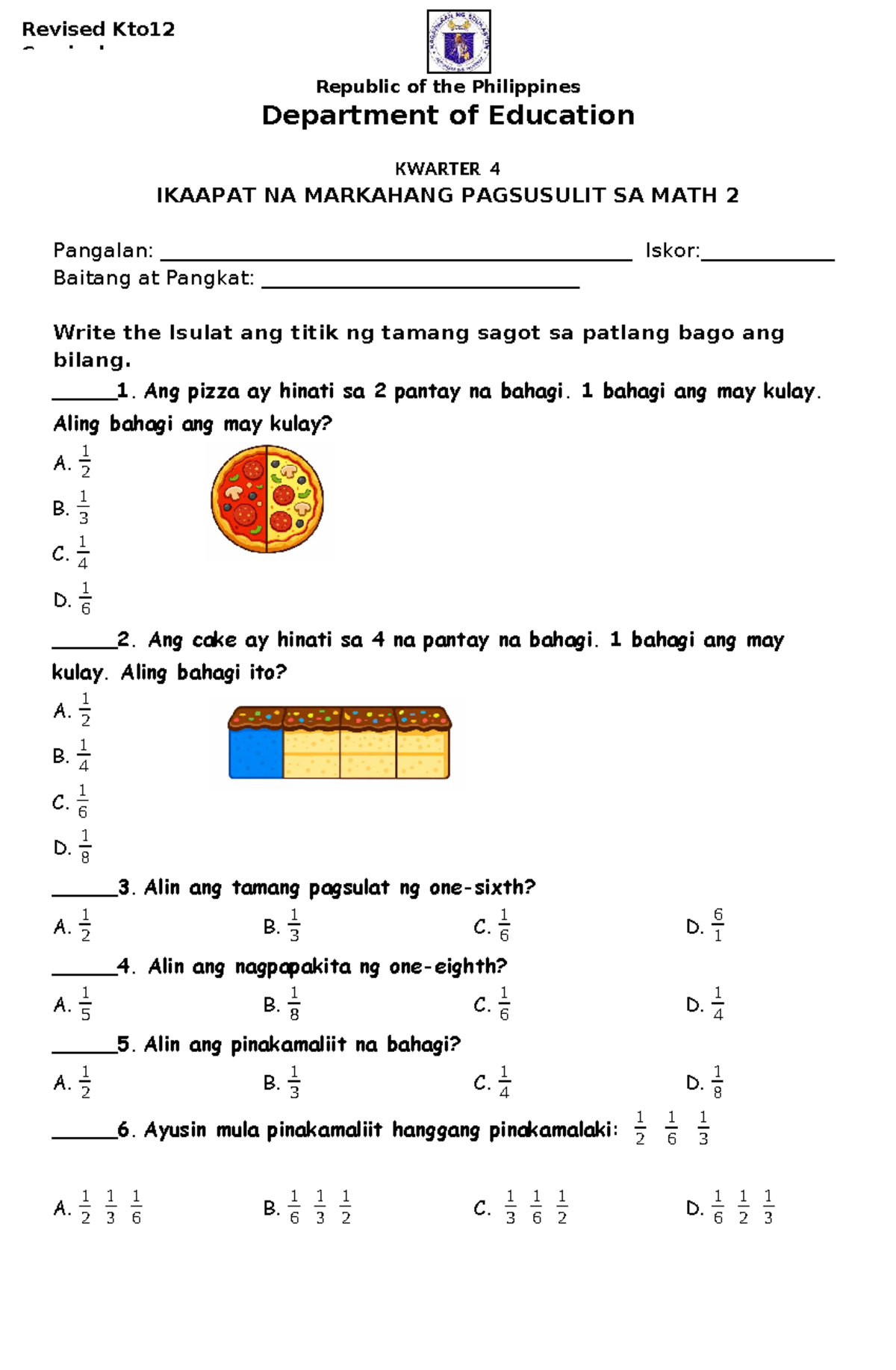 MATH 2 - Kwarto 4 Periodic Test sa Matematika (Tagalog) - Studocu