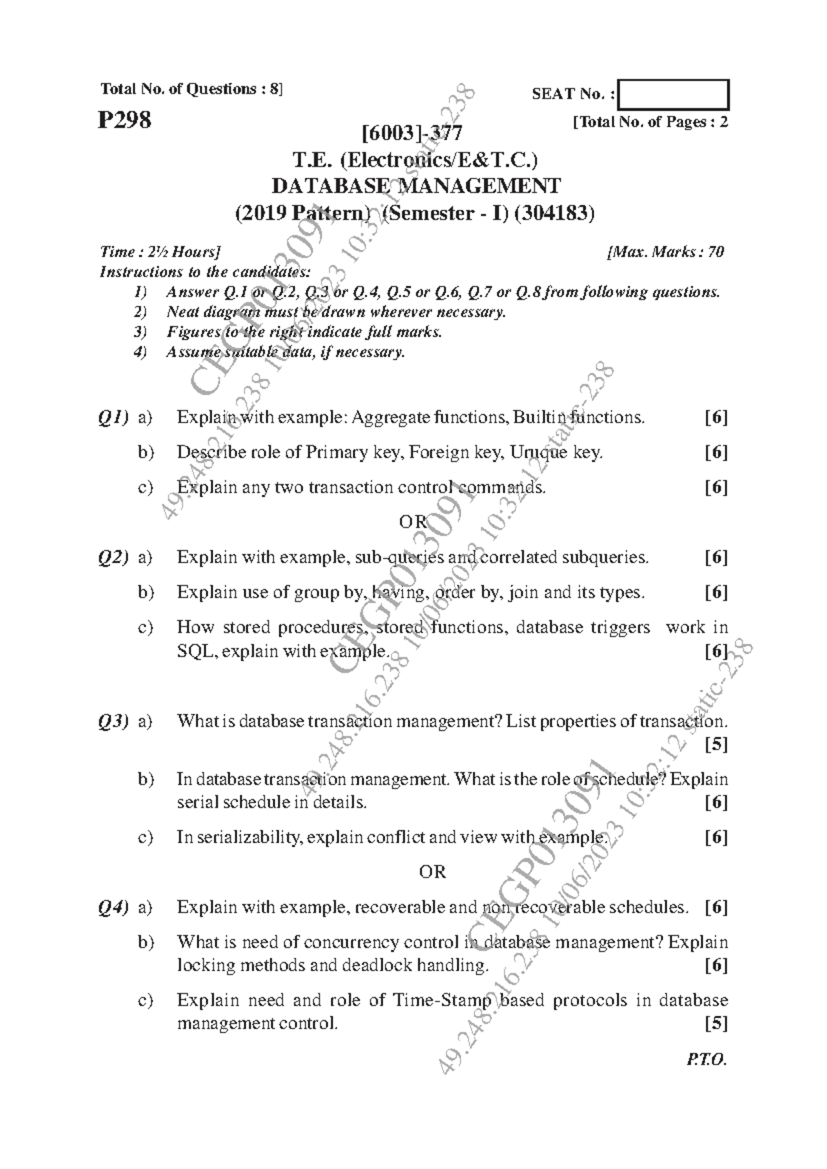 T.E. (Electronics & Telecom) DATABASE MANAGEMENT Combined Question ...
