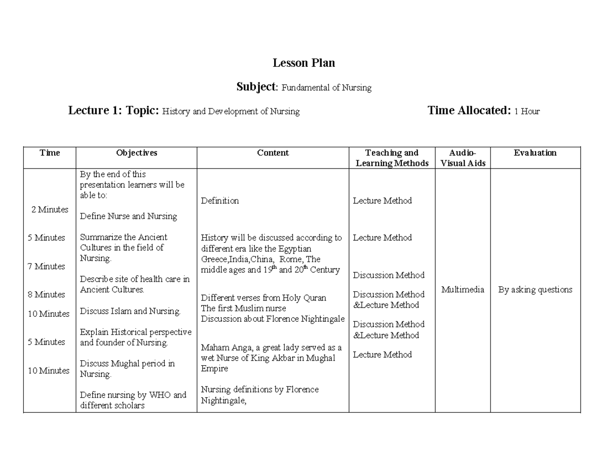 Lesson Plan: Fundamentals of Nursing (Lecture 1) - History ...
