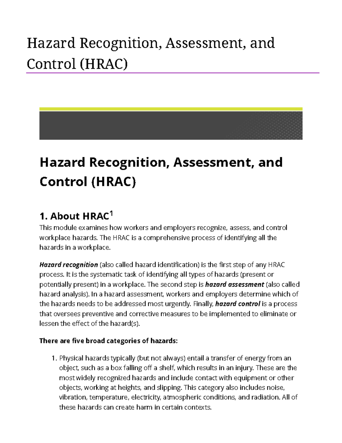 HRAC Week 4: Hazard Recognition, Assessment, and Control Notes - Studocu