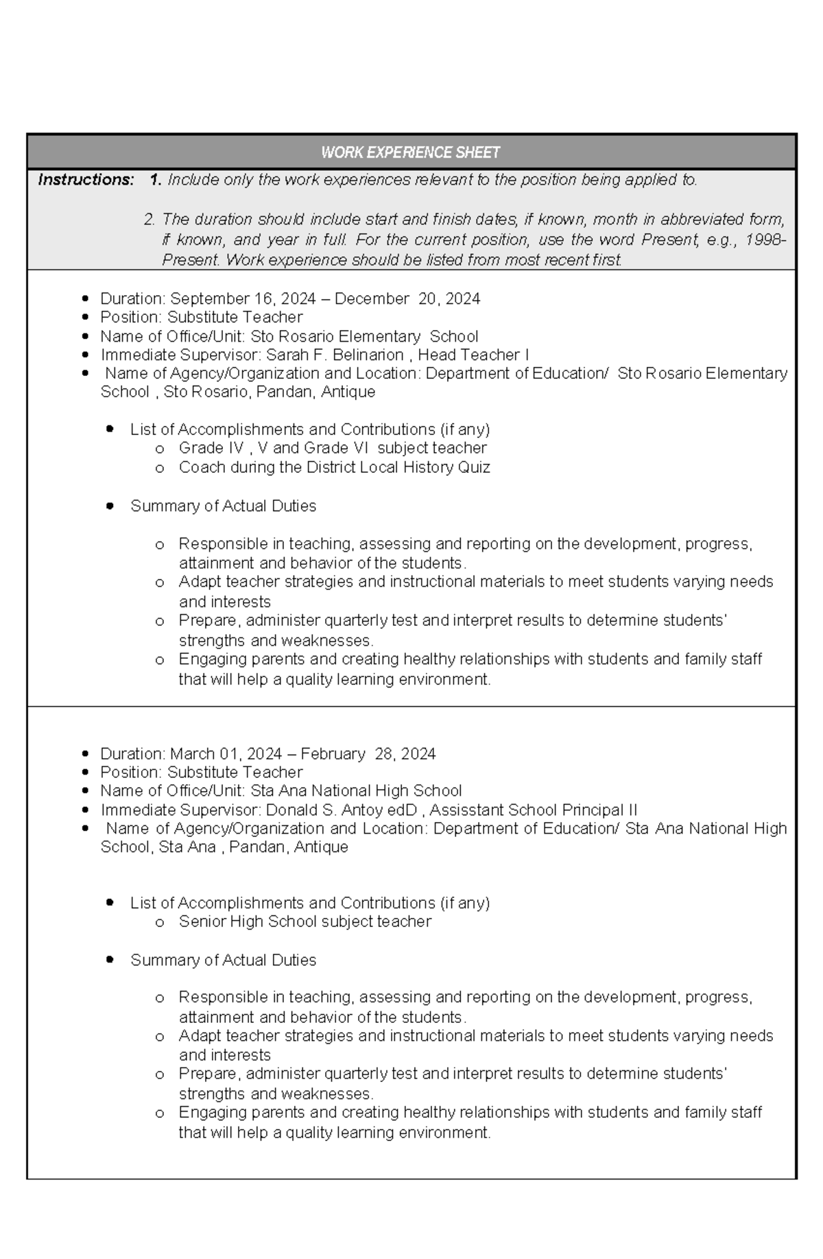 WORK EXPERIENCE SHEET for Substitute Teacher Positions - Studocu