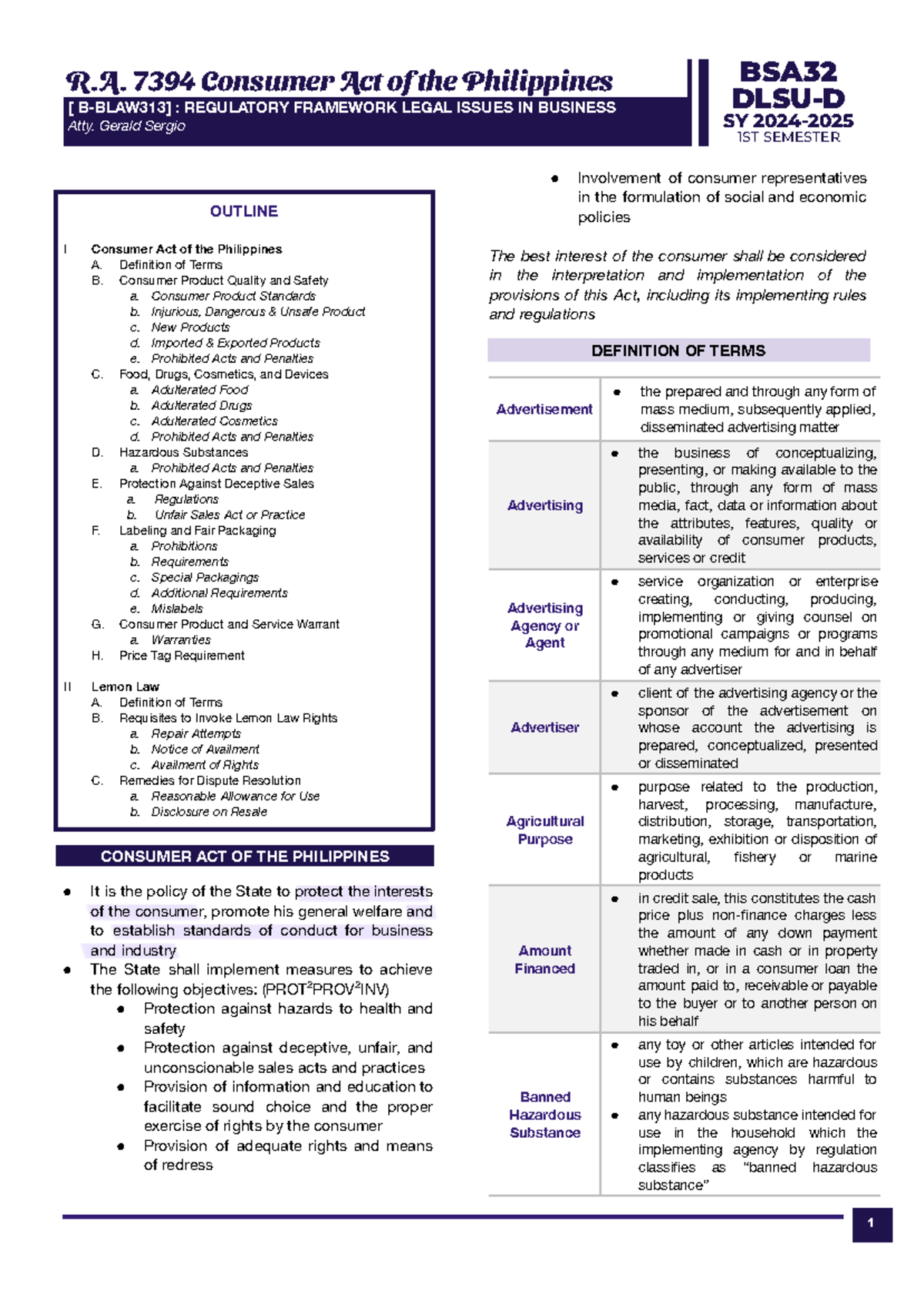 RFBT-M1 - Consumer Act of the Philippines: Legal Framework & Issues ...